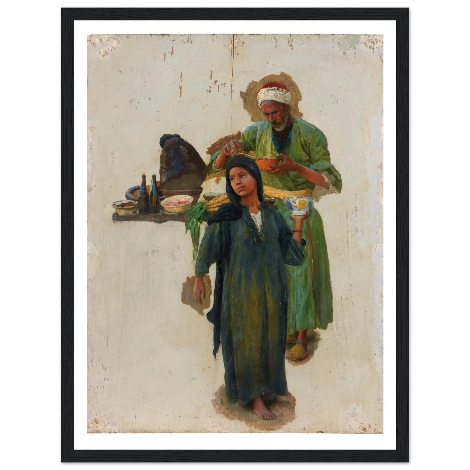 Study Of A Man And A Girl Holding A Bowl Art Print | Ludwig Deutsch - Framed Poster - 30x40 cm / 12x16″ - Black frame