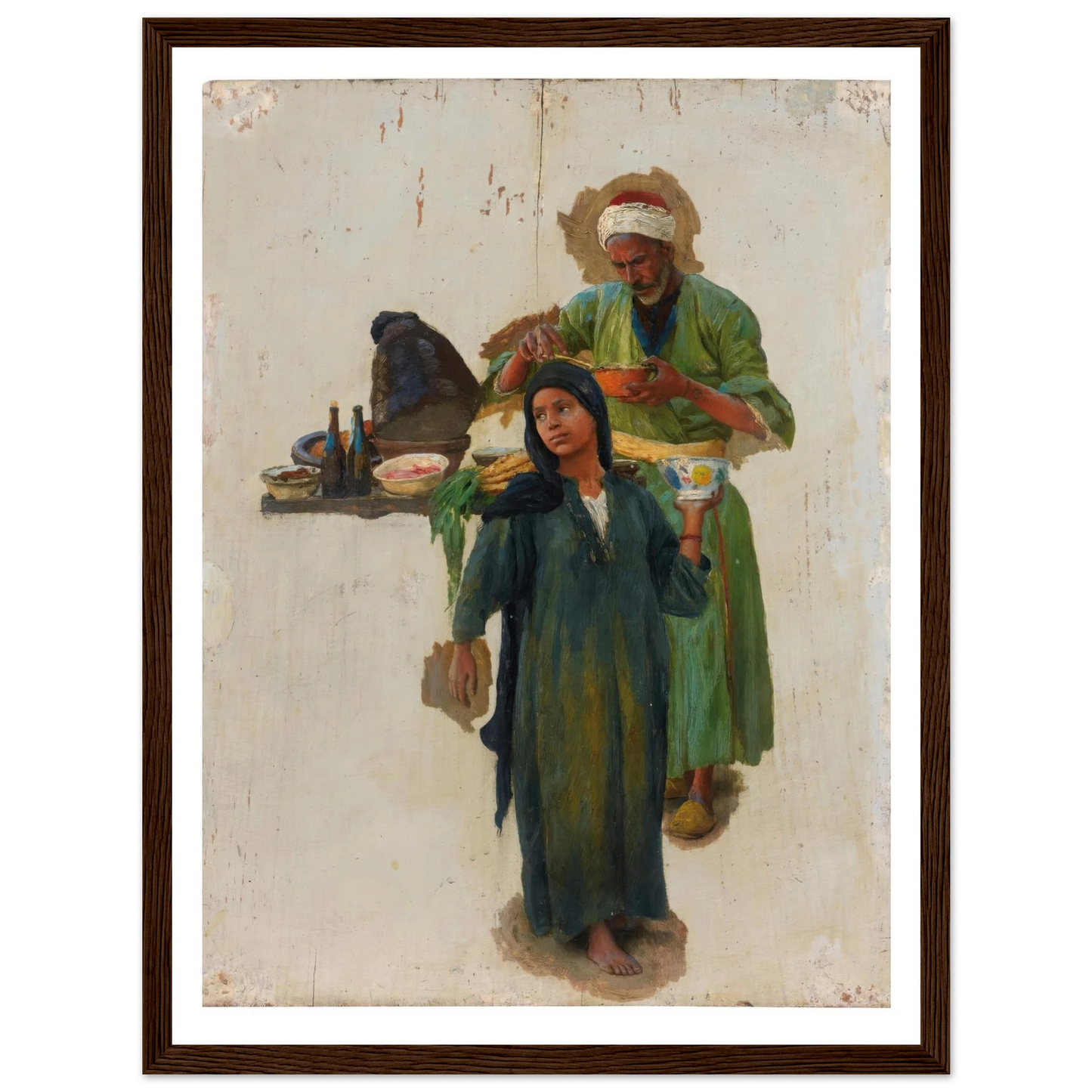 Study Of A Man And A Girl Holding A Bowl Art Print | Ludwig Deutsch - Framed Poster - 30x40 cm / 12x16″ - Black frame