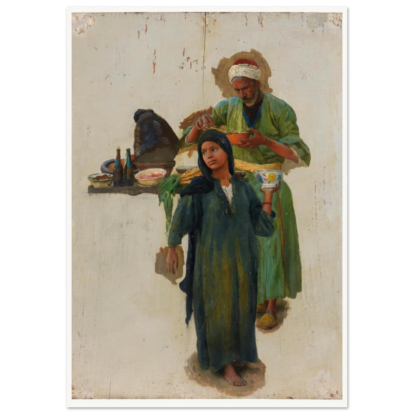 Study Of A Man And A Girl Holding A Bowl Art Print | Ludwig Deutsch - Framed Poster - 30x40 cm / 12x16″ - Black frame