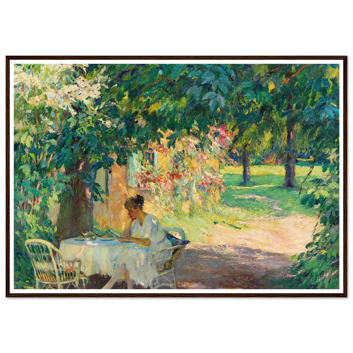 Summer in the garden of the artist’s villa on Lake Starnberg (1920) Art Print | Edward Cucuel - Framed Poster - 30x40 cm / 12x16″ - Black frame