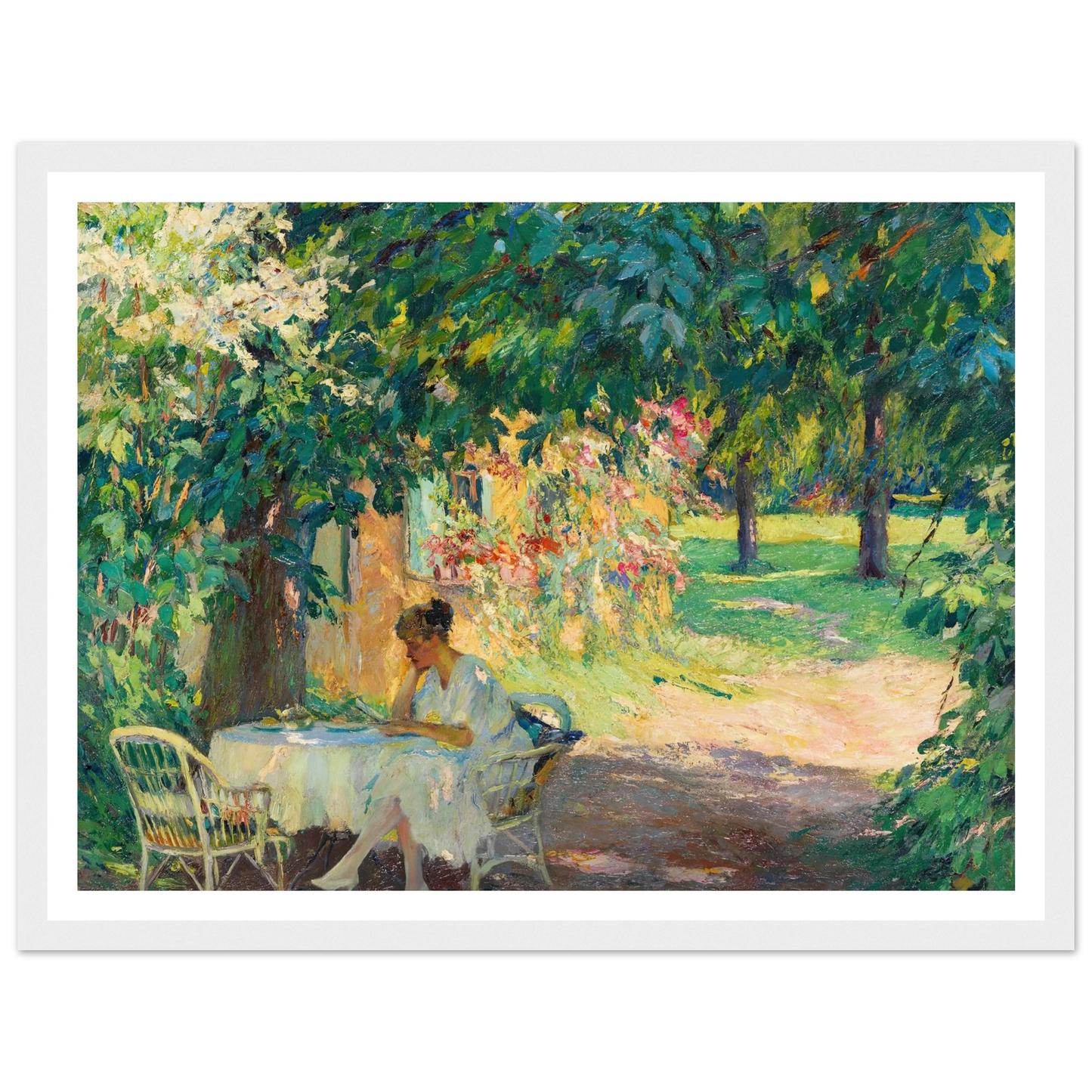 Summer in the garden of the artist’s villa on Lake Starnberg (1920) Art Print | Edward Cucuel - Framed Poster - 30x40 cm / 12x16″ - Black frame