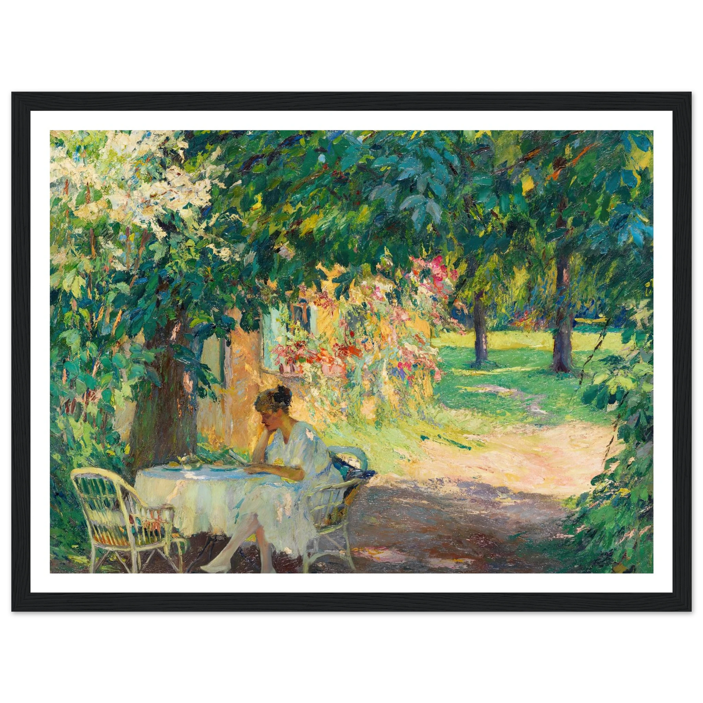 Summer in the garden of the artist’s villa on Lake Starnberg (1920) Art Print | Edward Cucuel - Framed Poster - 30x40 cm / 12x16″ - Black frame