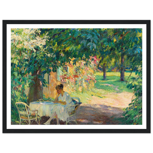 Summer in the garden of the artist’s villa on Lake Starnberg (1920) Art Print | Edward Cucuel - Framed Poster - 30x40 cm / 12x16″ - Black frame