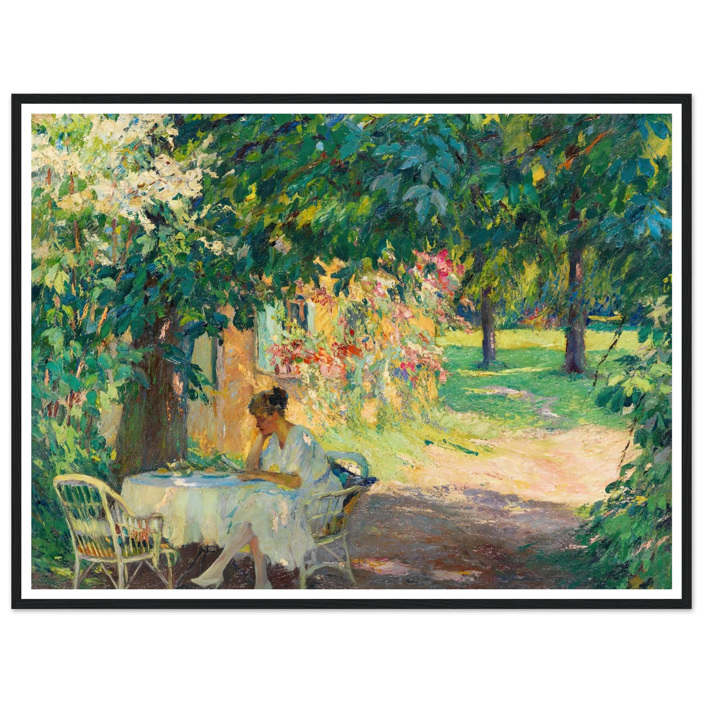 Summer in the garden of the artist’s villa on Lake Starnberg (1920) Art Print | Edward Cucuel - Framed Poster - 30x40 cm / 12x16″ - Black frame