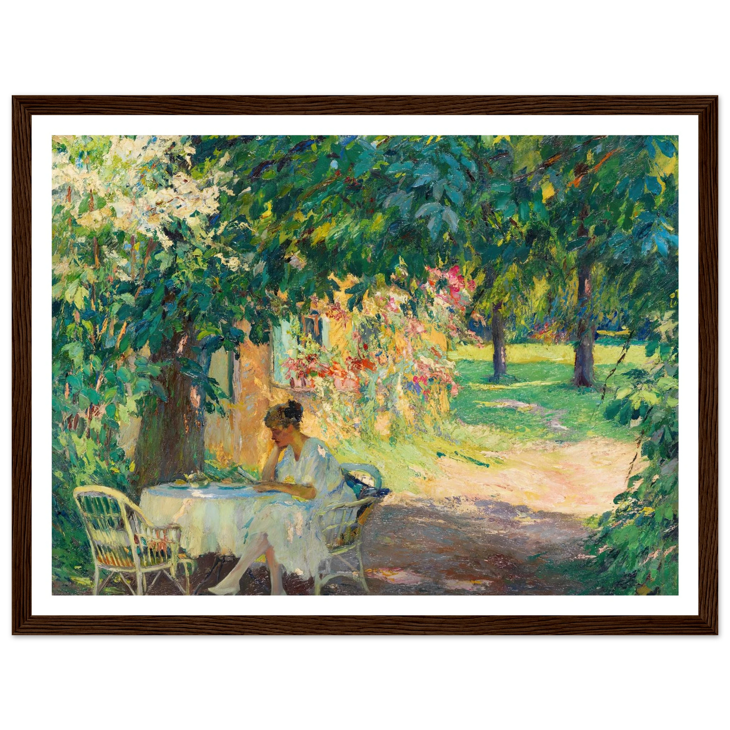 Summer in the garden of the artist’s villa on Lake Starnberg (1920) Art Print | Edward Cucuel - Framed Poster - 30x40 cm / 12x16″ - Black frame