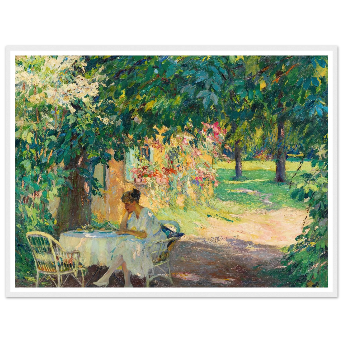 Summer in the garden of the artist’s villa on Lake Starnberg (1920) Art Print | Edward Cucuel - Framed Poster - 30x40 cm / 12x16″ - Black frame