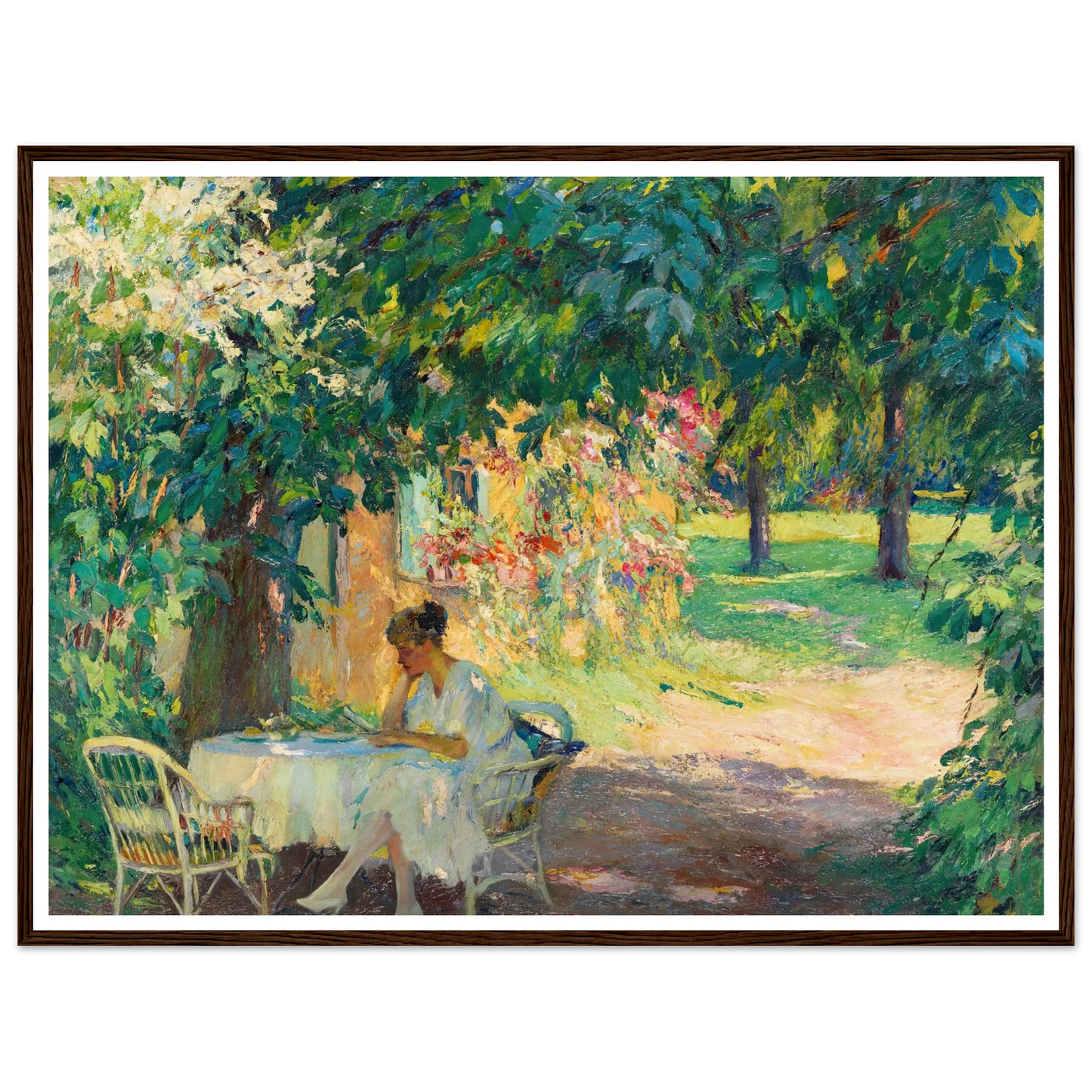 Summer in the garden of the artist’s villa on Lake Starnberg (1920) Art Print | Edward Cucuel - Framed Poster - 30x40 cm / 12x16″ - Black frame