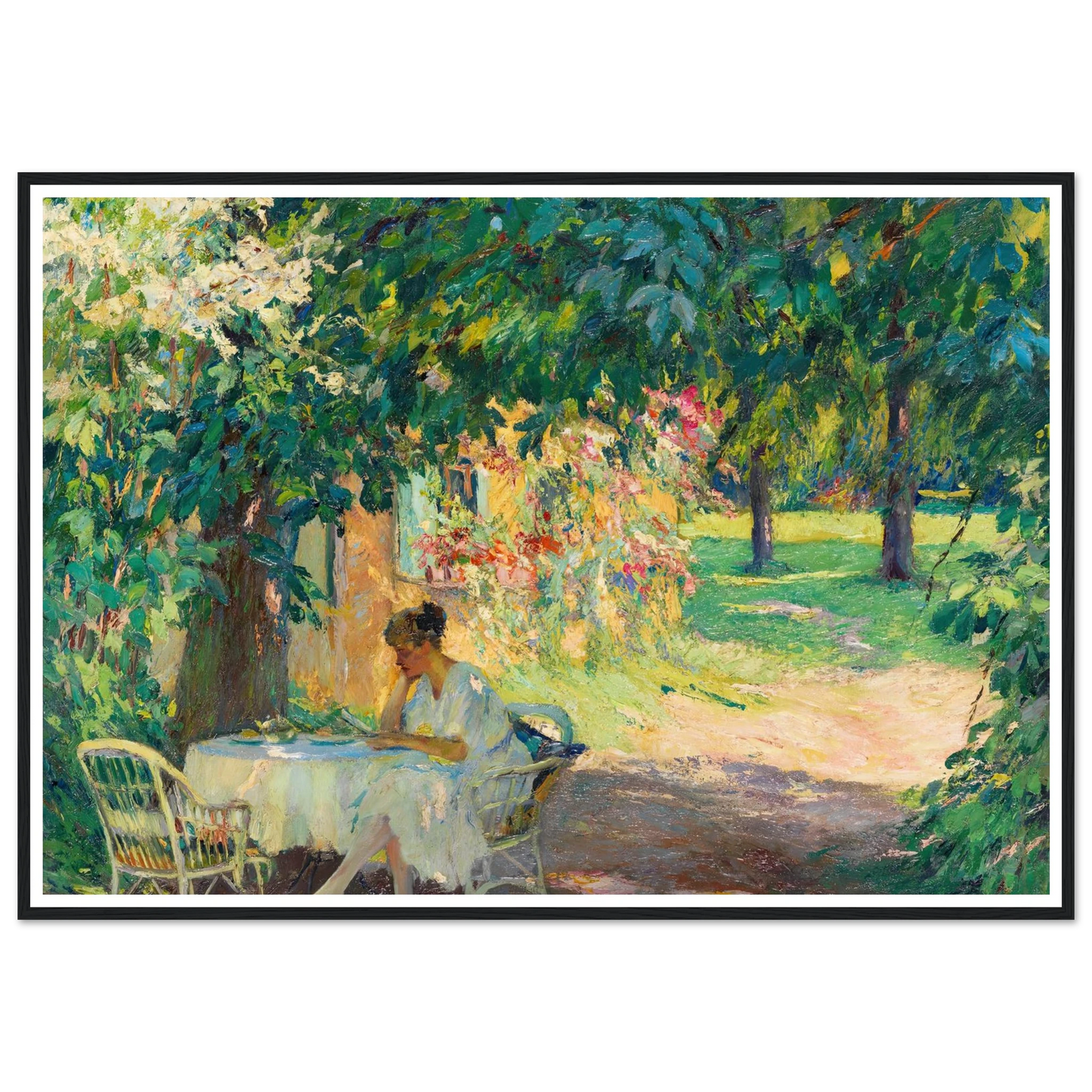 Summer in the garden of the artist’s villa on Lake Starnberg (1920) Art Print | Edward Cucuel - Framed Poster - 30x40 cm / 12x16″ - Black frame