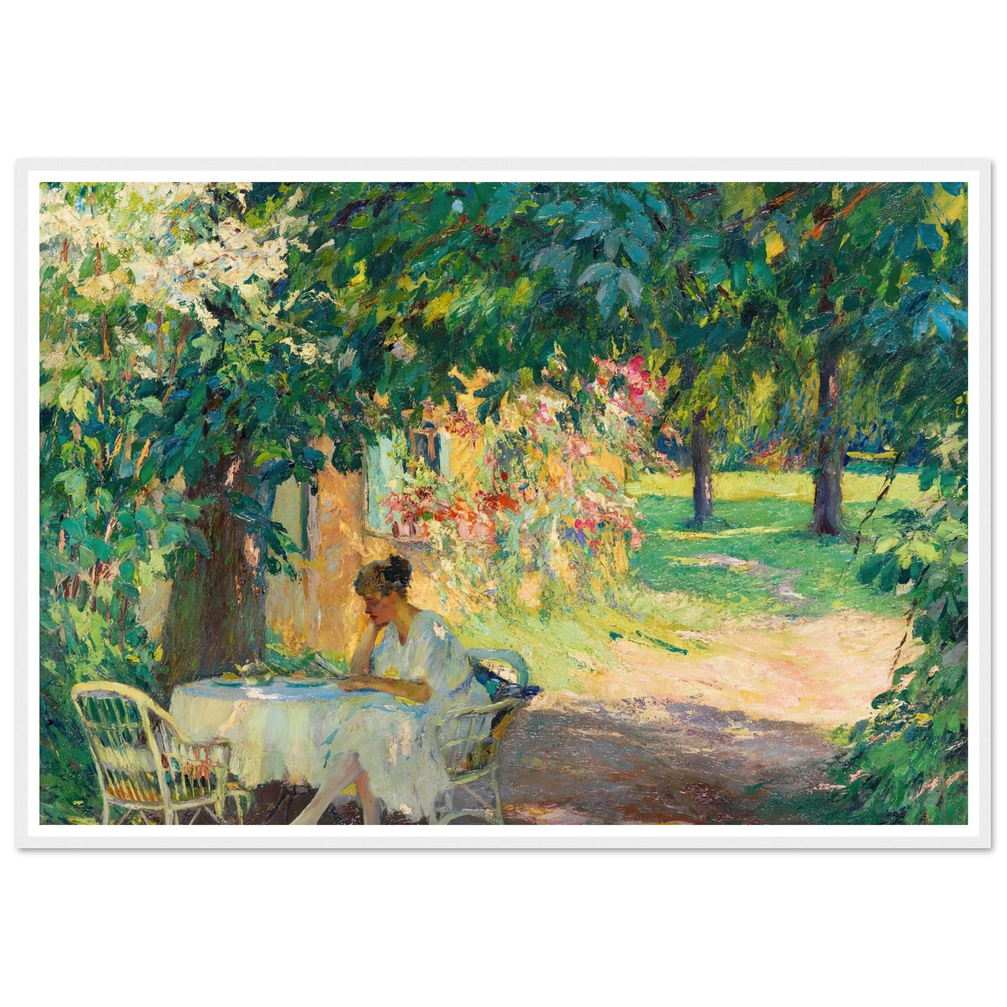 Summer in the garden of the artist’s villa on Lake Starnberg (1920) Art Print | Edward Cucuel - Framed Poster - 30x40 cm / 12x16″ - Black frame