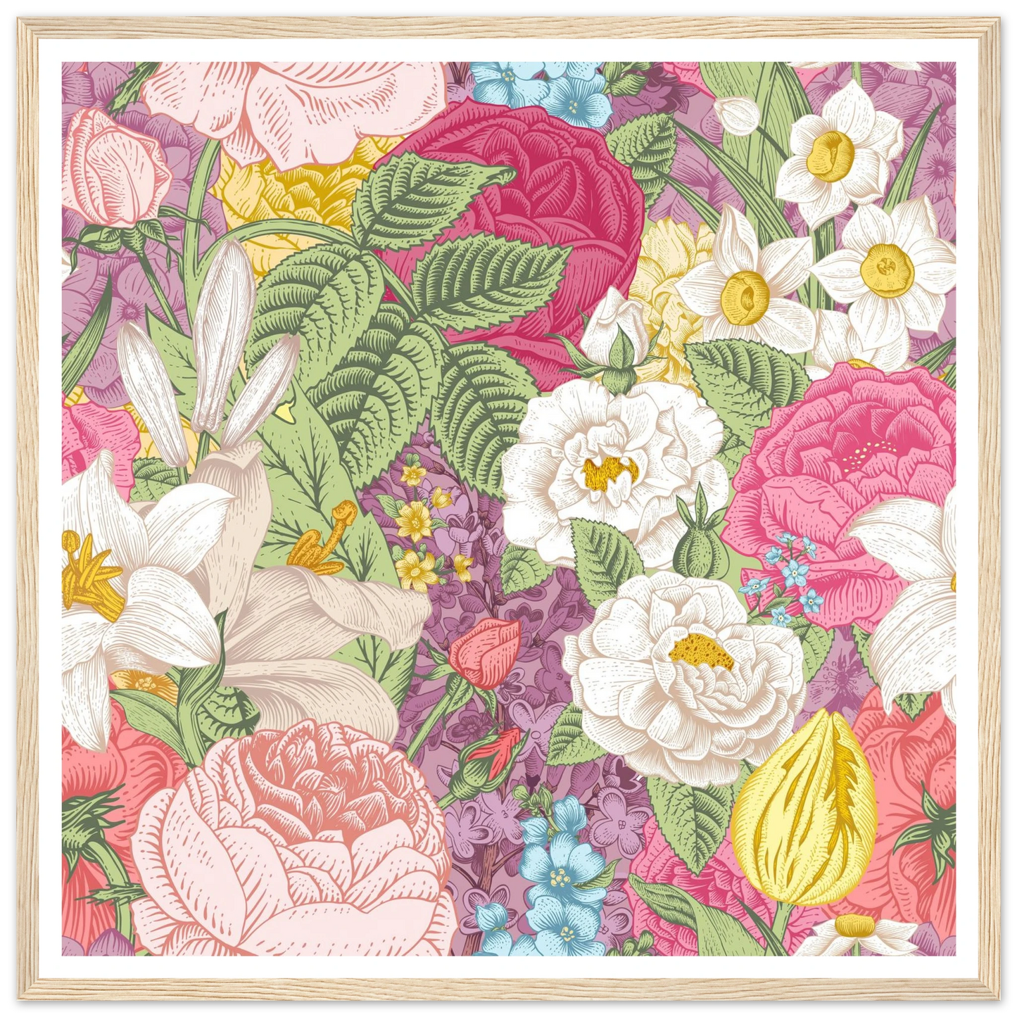 Summer White Garden Art Print | William Morris Inspired - Framed Poster - 30x30 cm / 12x12″ - Black frame