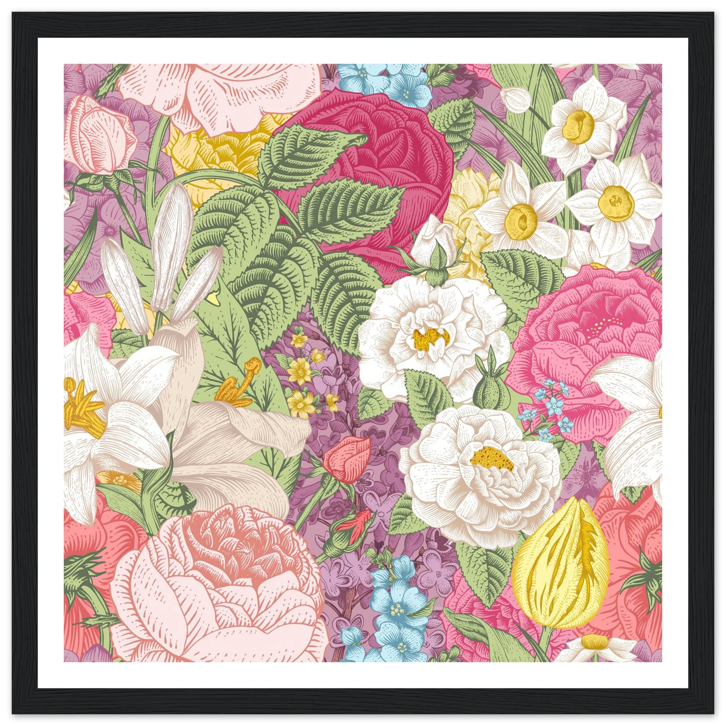 Summer White Garden Art Print | William Morris Inspired - Framed Poster - 30x30 cm / 12x12″ - Black frame