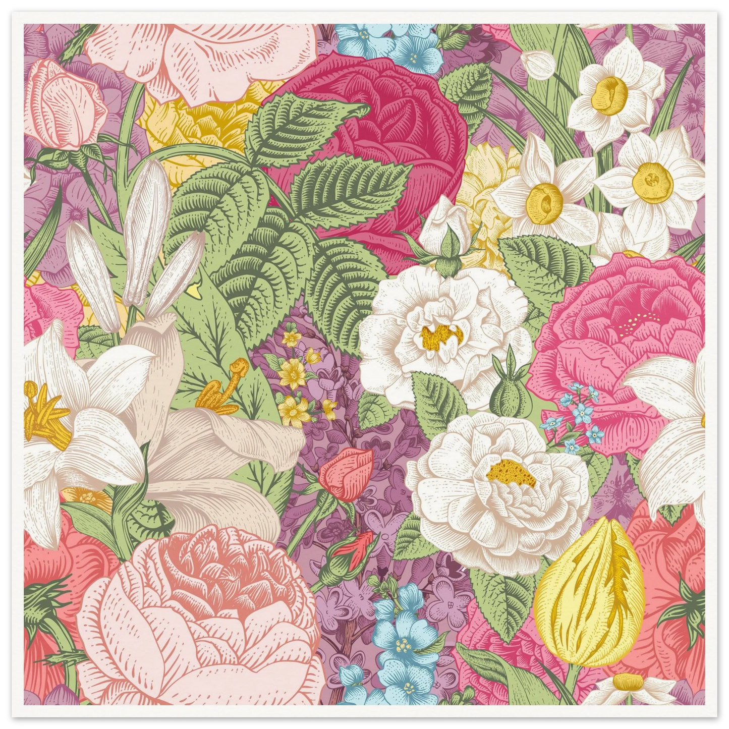 Summer White Garden Art Print | William Morris Inspired - Framed Poster - 30x30 cm / 12x12″ - Black frame