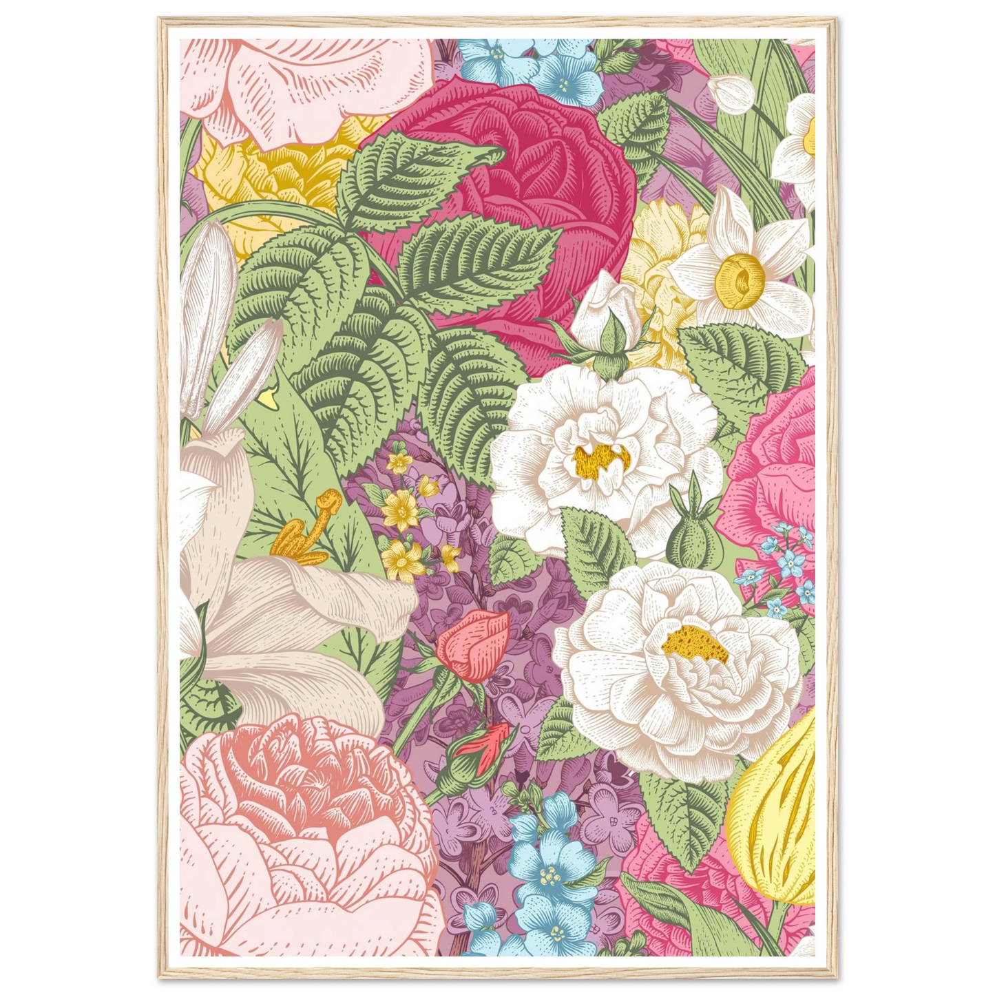 Summer White Garden Art Print | William Morris Inspired - Framed Poster - 30x30 cm / 12x12″ - Black frame