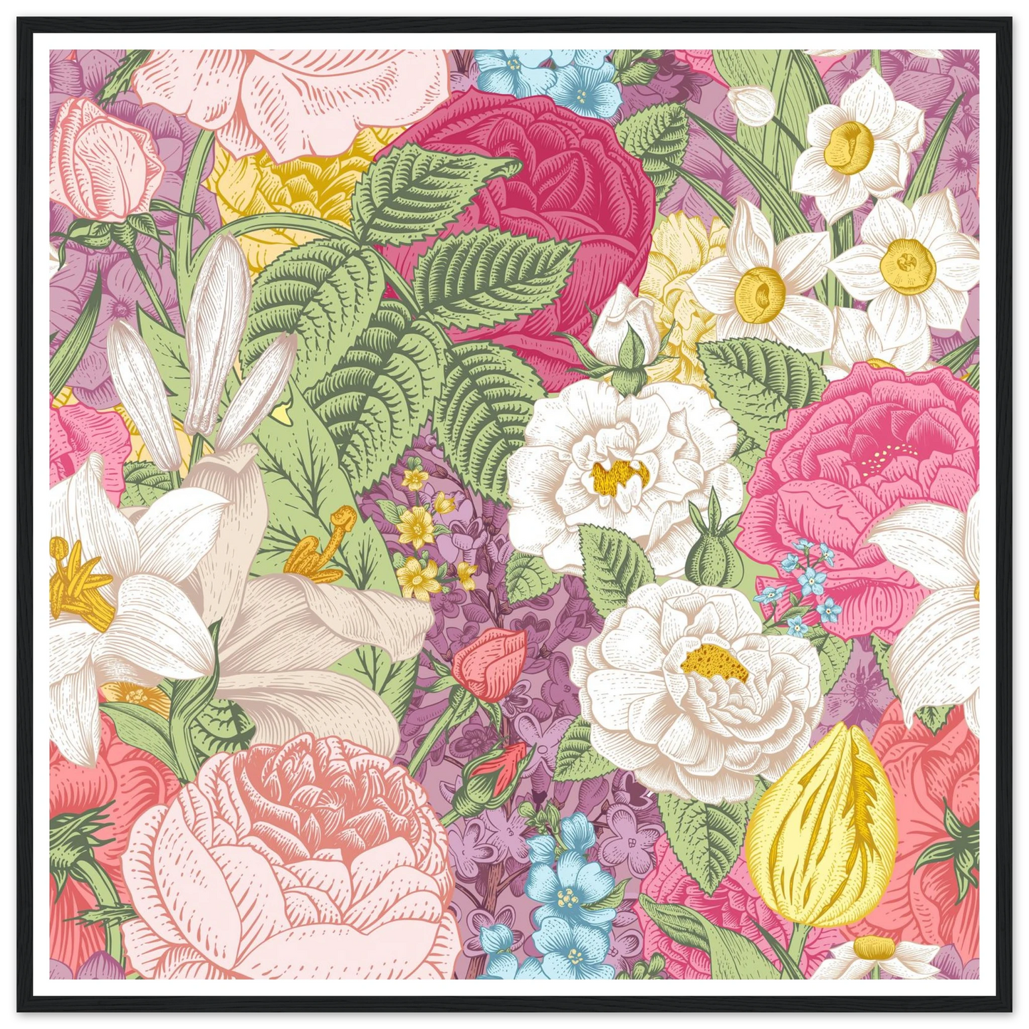 Summer White Garden Art Print | William Morris Inspired - Framed Poster - 30x30 cm / 12x12″ - Black frame