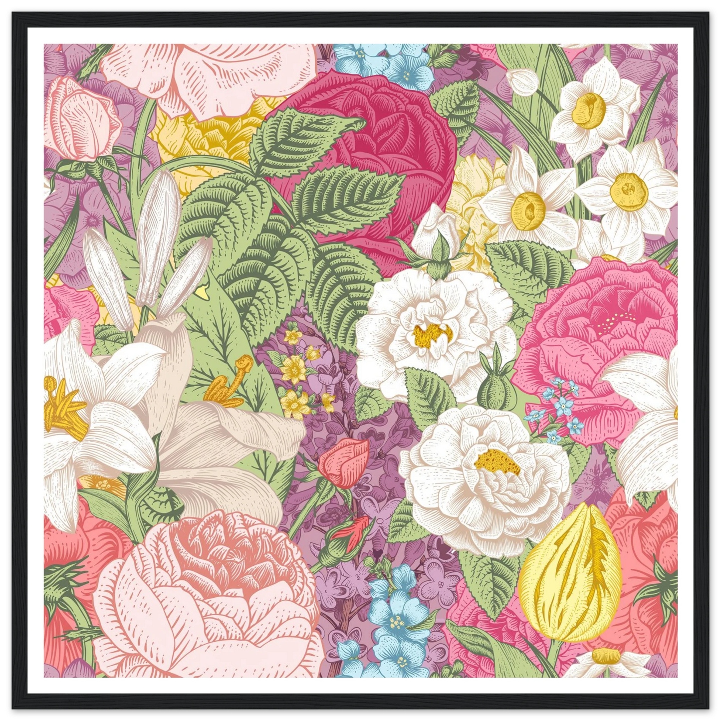 Summer White Garden Art Print | William Morris Inspired - Framed Poster - 30x30 cm / 12x12″ - Black frame