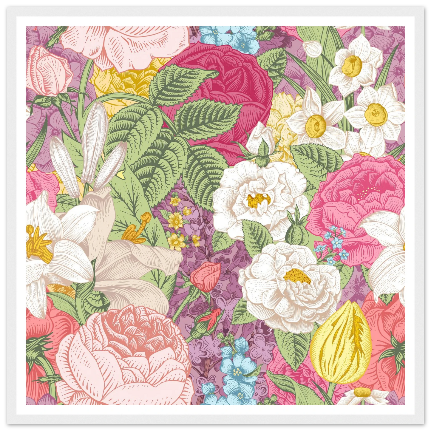 Summer White Garden Art Print | William Morris Inspired - Framed Poster - 30x30 cm / 12x12″ - Black frame