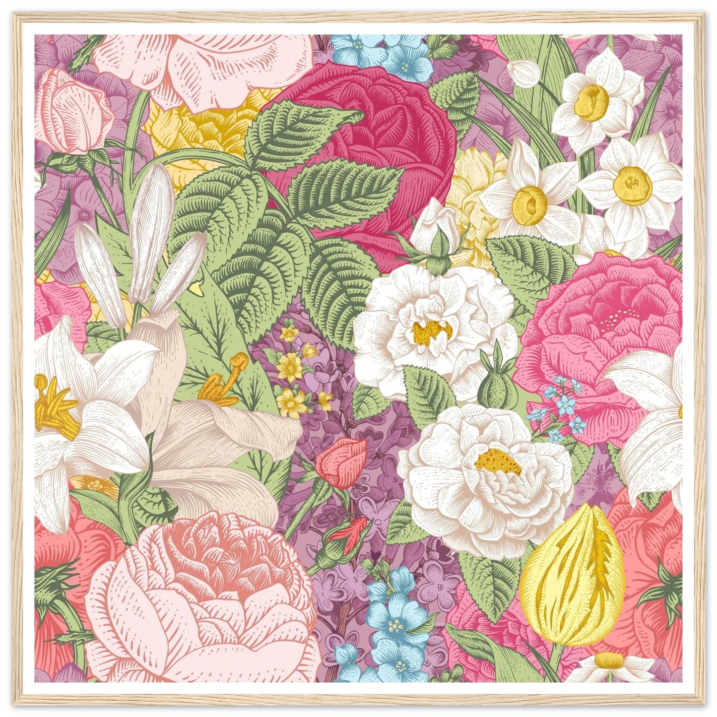 Summer White Garden Art Print | William Morris Inspired - Framed Poster - 30x30 cm / 12x12″ - Black frame