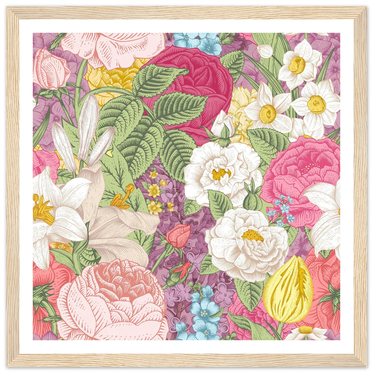 Summer White Garden Art Print | William Morris Inspired - Framed Poster - 30x30 cm / 12x12″ - Black frame