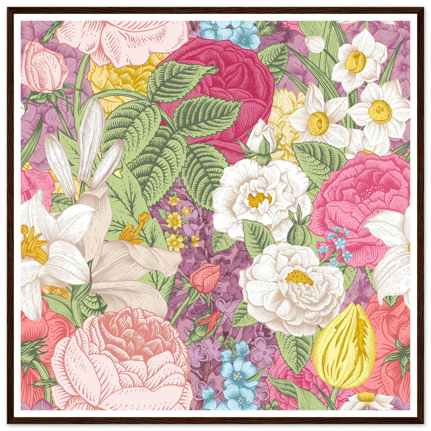 Summer White Garden Art Print | William Morris Inspired - Framed Poster - 30x30 cm / 12x12″ - Black frame