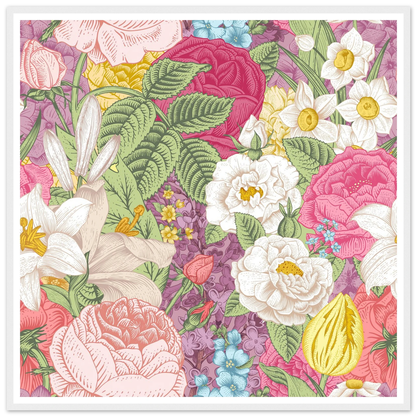 Summer White Garden Art Print | William Morris Inspired - Framed Poster - 30x30 cm / 12x12″ - Black frame