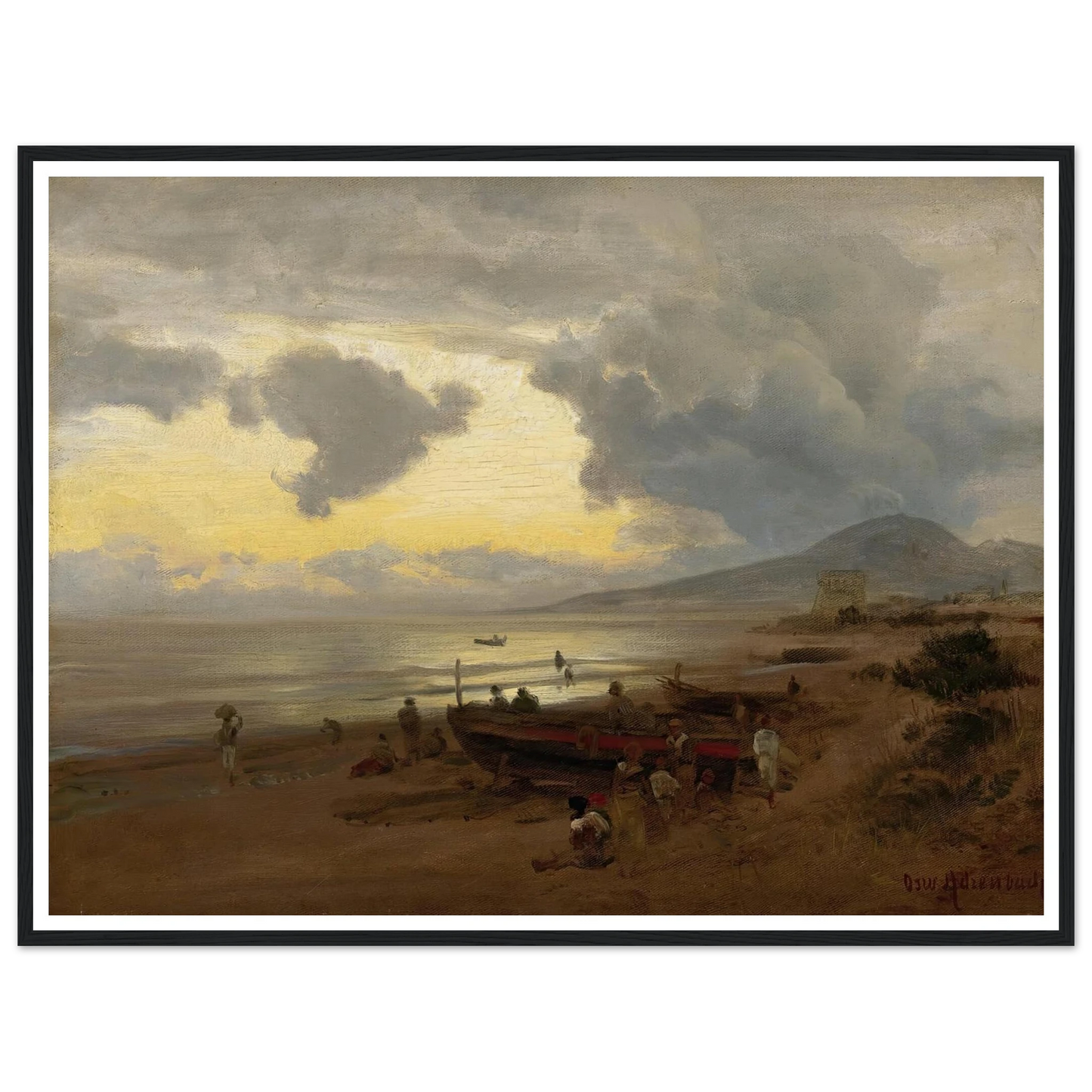Sunset On The Shore Art Print | Oswald Achenbach - Framed Poster - 30x40 cm / 12x16″ - Black frame