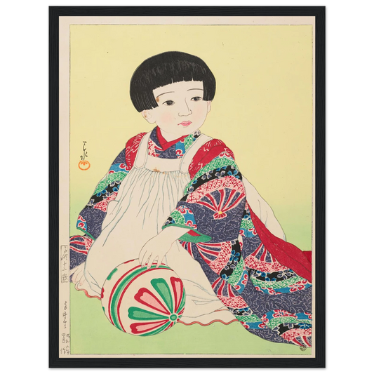 Temari (A hand ball, portrait of Takagi Junko) (1931) Art Print | Kawase Hasui - Framed Poster - 30x40 cm / 12x16″ - Black frame
