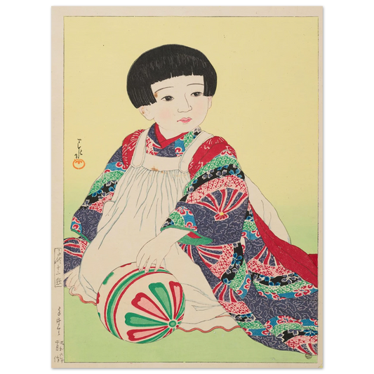 Temari (A hand ball, portrait of Takagi Junko) (1931) Art Print | Kawase Hasui - Framed Poster - 30x40 cm / 12x16″ - Black frame