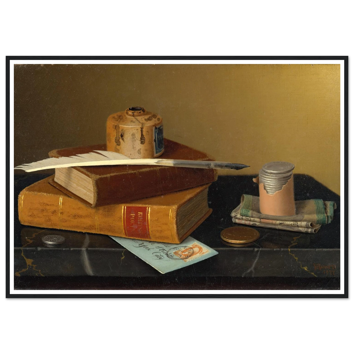 The Banker’s Table (1877) Art Print | William Michael Harnett - Framed Poster - 30x40 cm / 12x16″ - Black frame