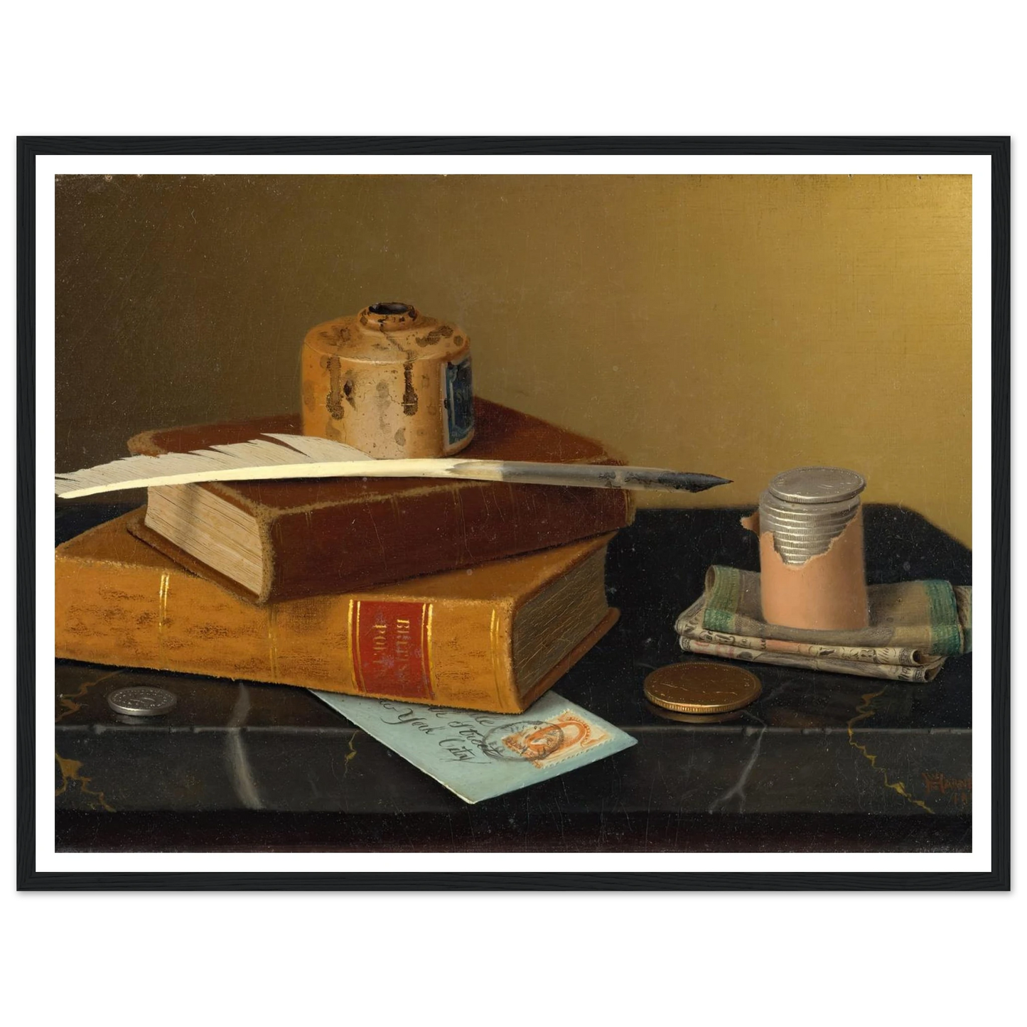 The Banker’s Table (1877) Art Print | William Michael Harnett - Framed Poster - 30x40 cm / 12x16″ - Black frame