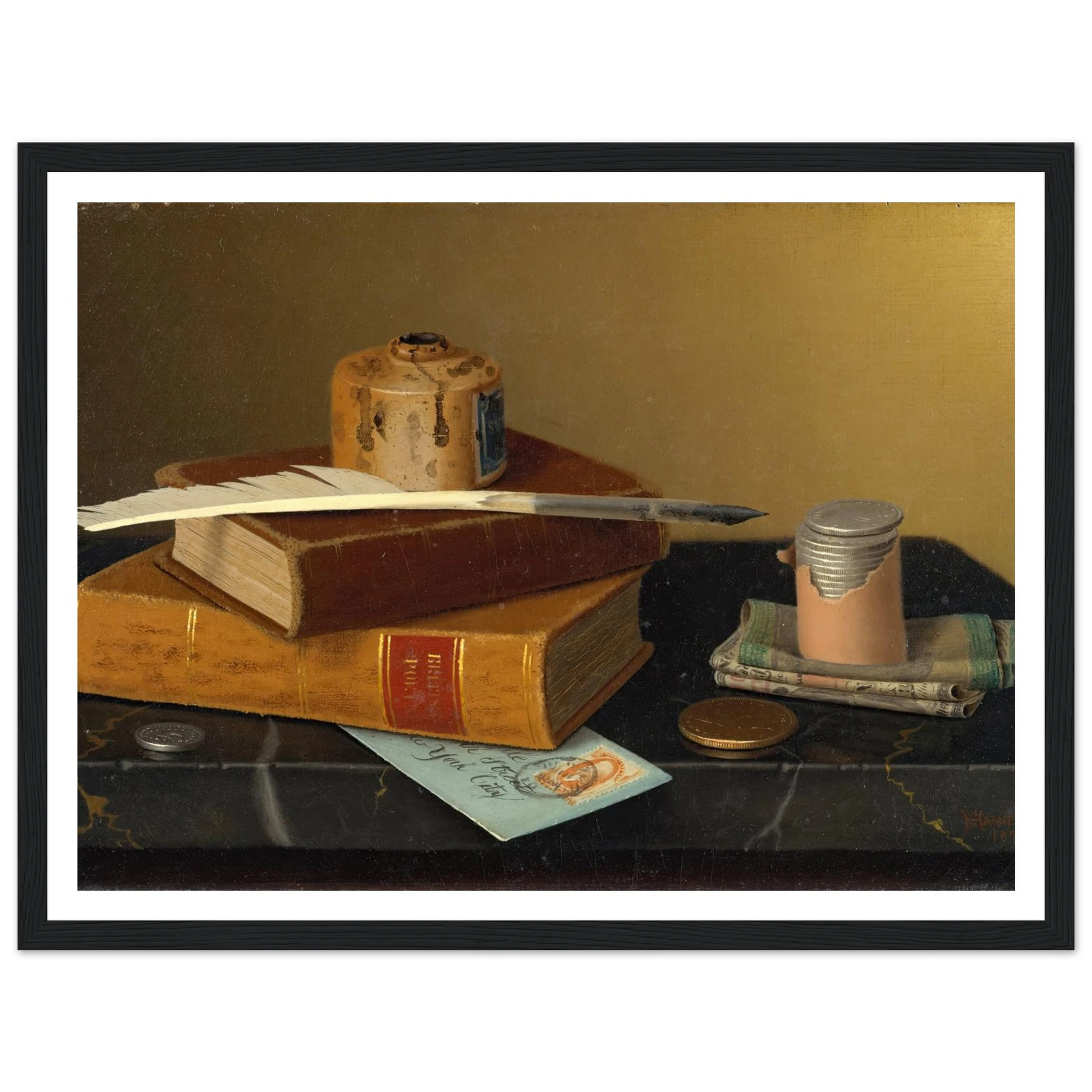 The Banker’s Table (1877) Art Print | William Michael Harnett - Framed Poster - 30x40 cm / 12x16″ - Black frame