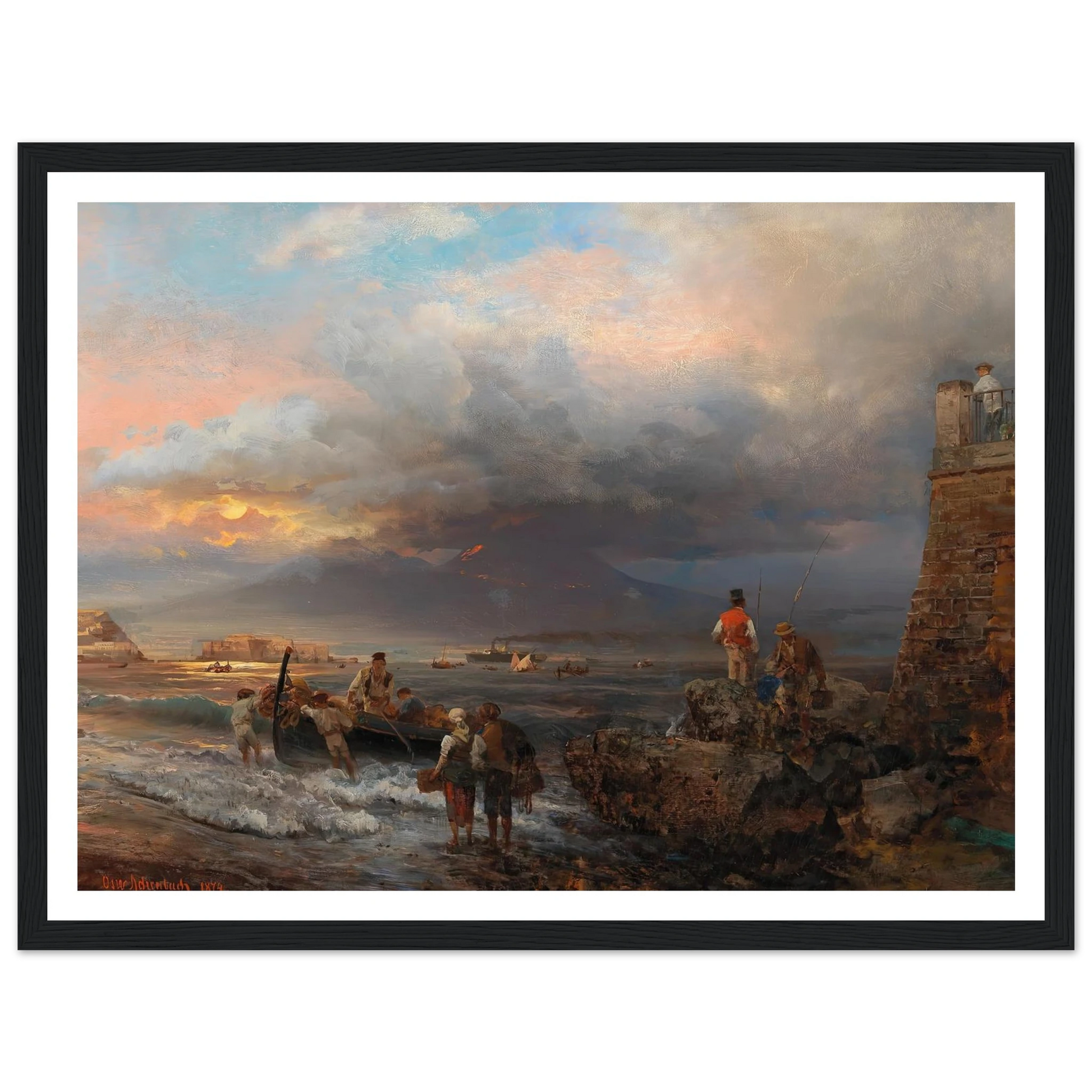The Bay of Naples with Vesuvius in the background Art Print | Oswald Achenbach - Framed Poster - 30x40 cm / 12x16″ - Black frame