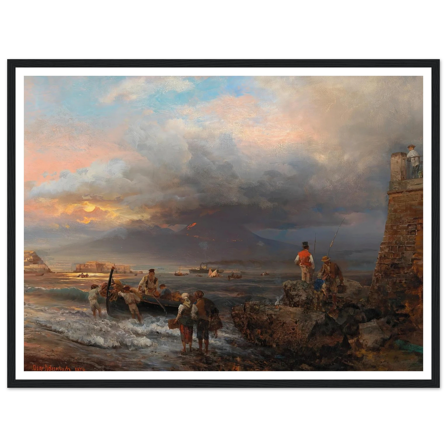 The Bay of Naples with Vesuvius in the background Art Print | Oswald Achenbach - Framed Poster - 30x40 cm / 12x16″ - Black frame