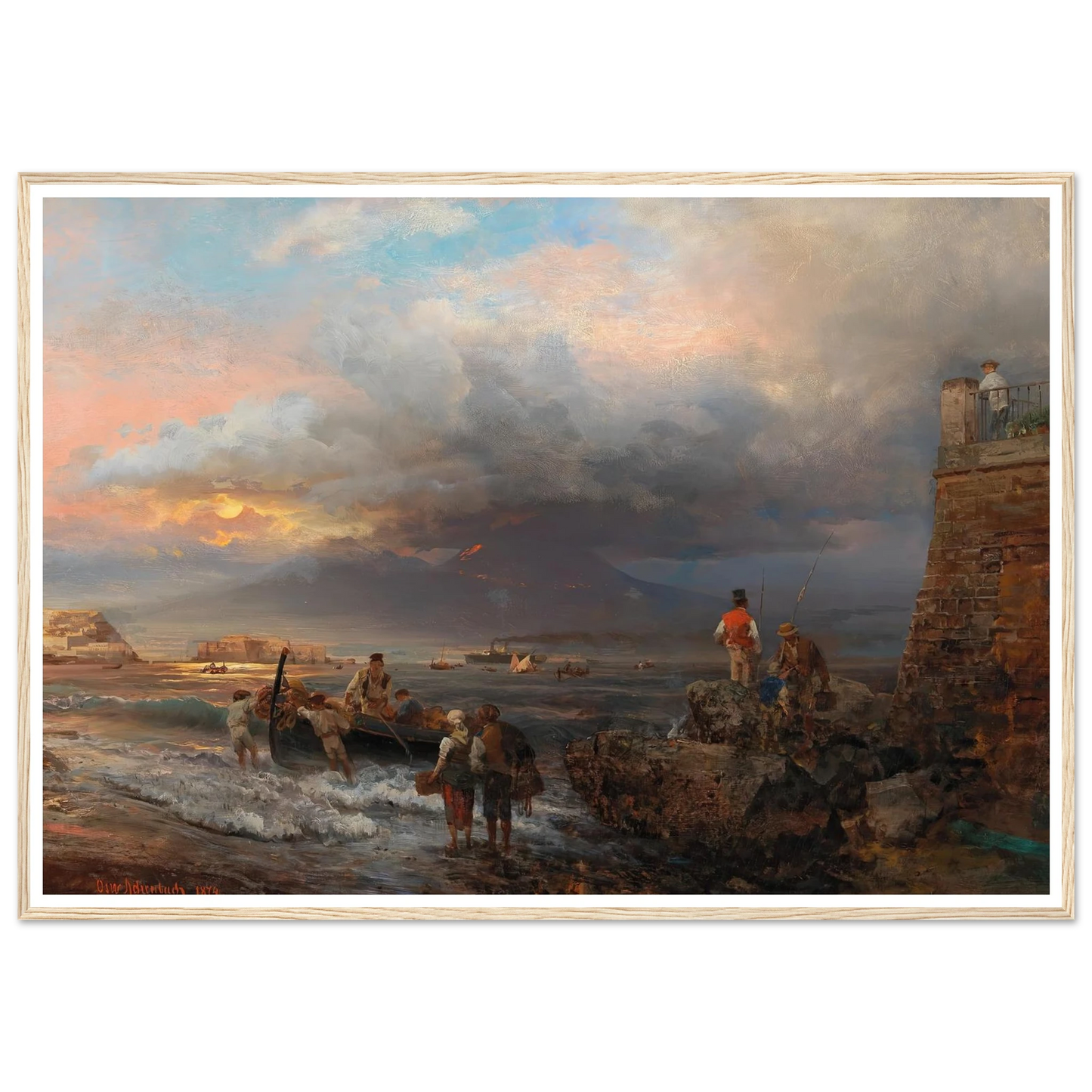 The Bay of Naples with Vesuvius in the background Art Print | Oswald Achenbach - Framed Poster - 30x40 cm / 12x16″ - Black frame