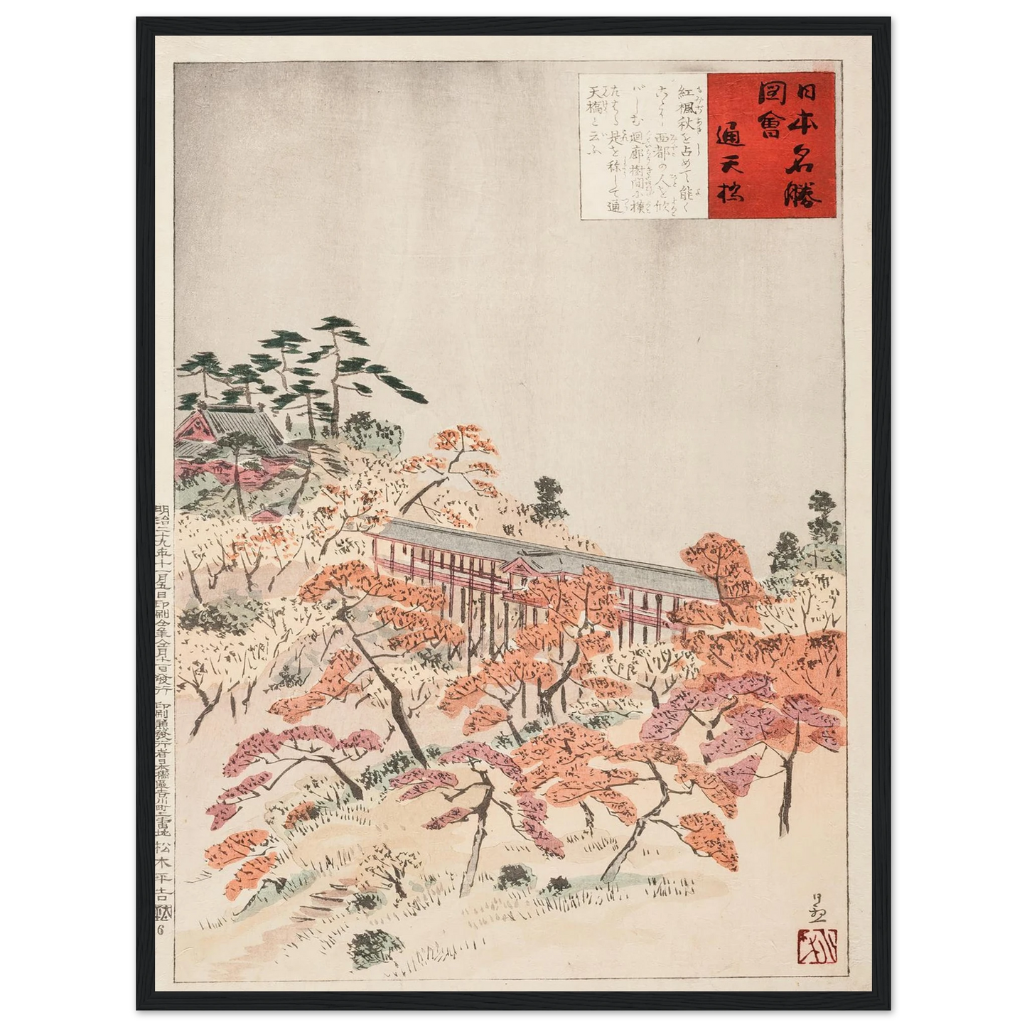 The Bridge Tsūtenkyō, Kyoto (1896) Art Print | Kobayashi Kiyochika - Framed Poster - 30x40 cm / 12x16″ - Black frame