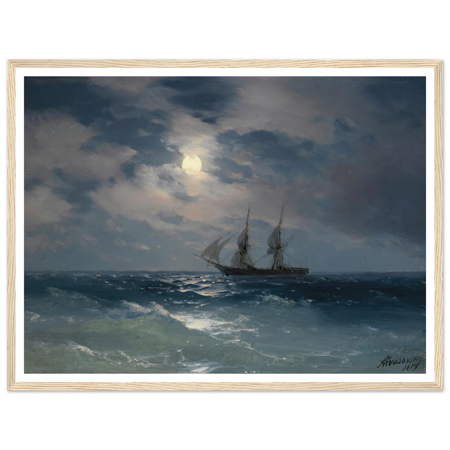 The Brig Mercury In Moonlight (1874) Art Print | Ivan Konstantinovich Aivazovsky - Framed Poster - 30x40 cm / 12x16″ - Black frame