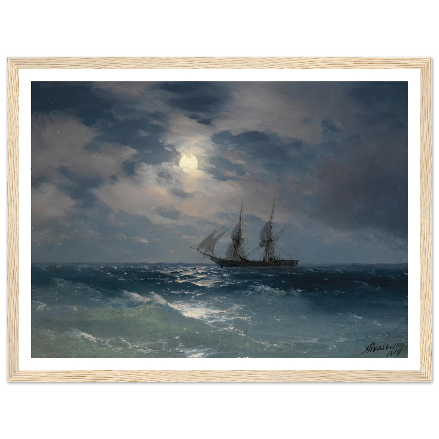 The Brig Mercury In Moonlight (1874) Art Print | Ivan Konstantinovich Aivazovsky - Framed Poster - 30x40 cm / 12x16″ - Black frame
