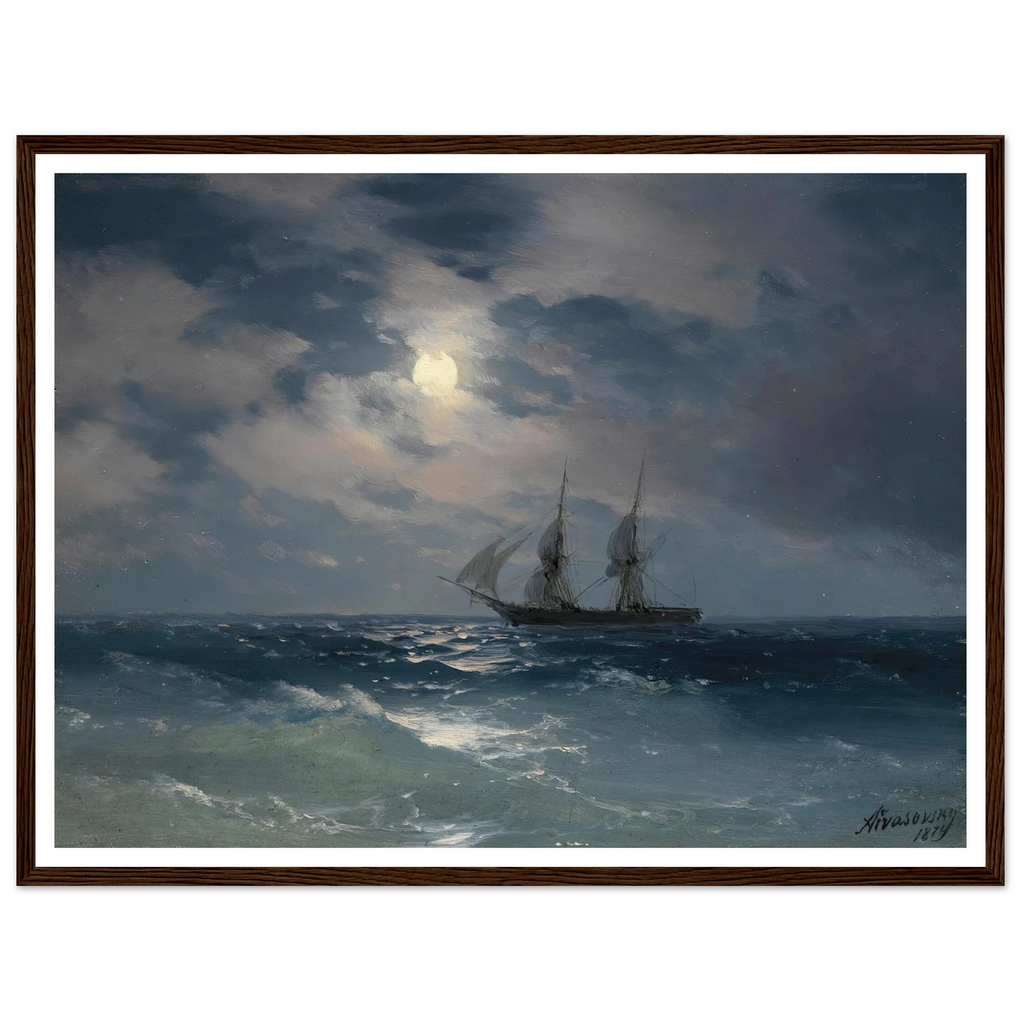 The Brig Mercury In Moonlight (1874) Art Print | Ivan Konstantinovich Aivazovsky - Framed Poster - 30x40 cm / 12x16″ - Black frame