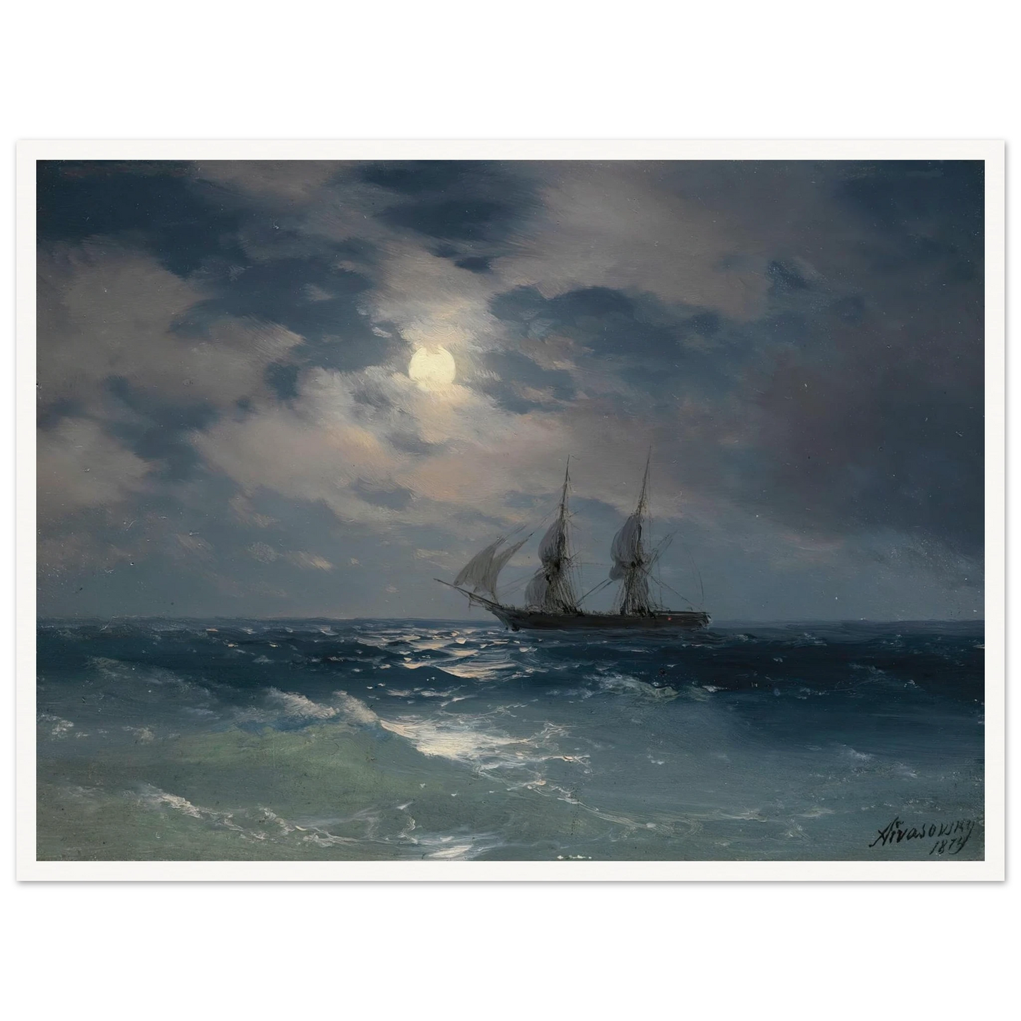 The Brig Mercury In Moonlight (1874) Art Print | Ivan Konstantinovich Aivazovsky - Framed Poster - 30x40 cm / 12x16″ - Black frame