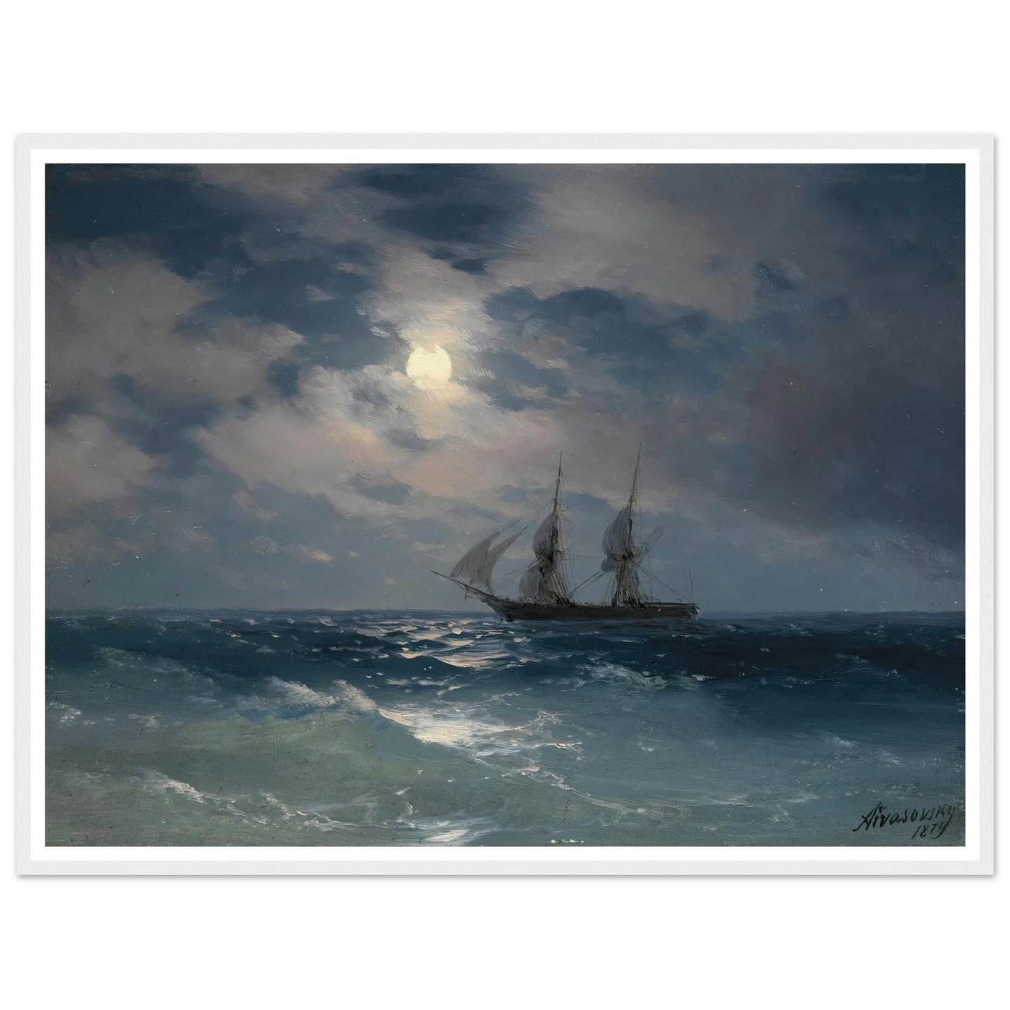 The Brig Mercury In Moonlight (1874) Art Print | Ivan Konstantinovich Aivazovsky - Framed Poster - 30x40 cm / 12x16″ - Black frame