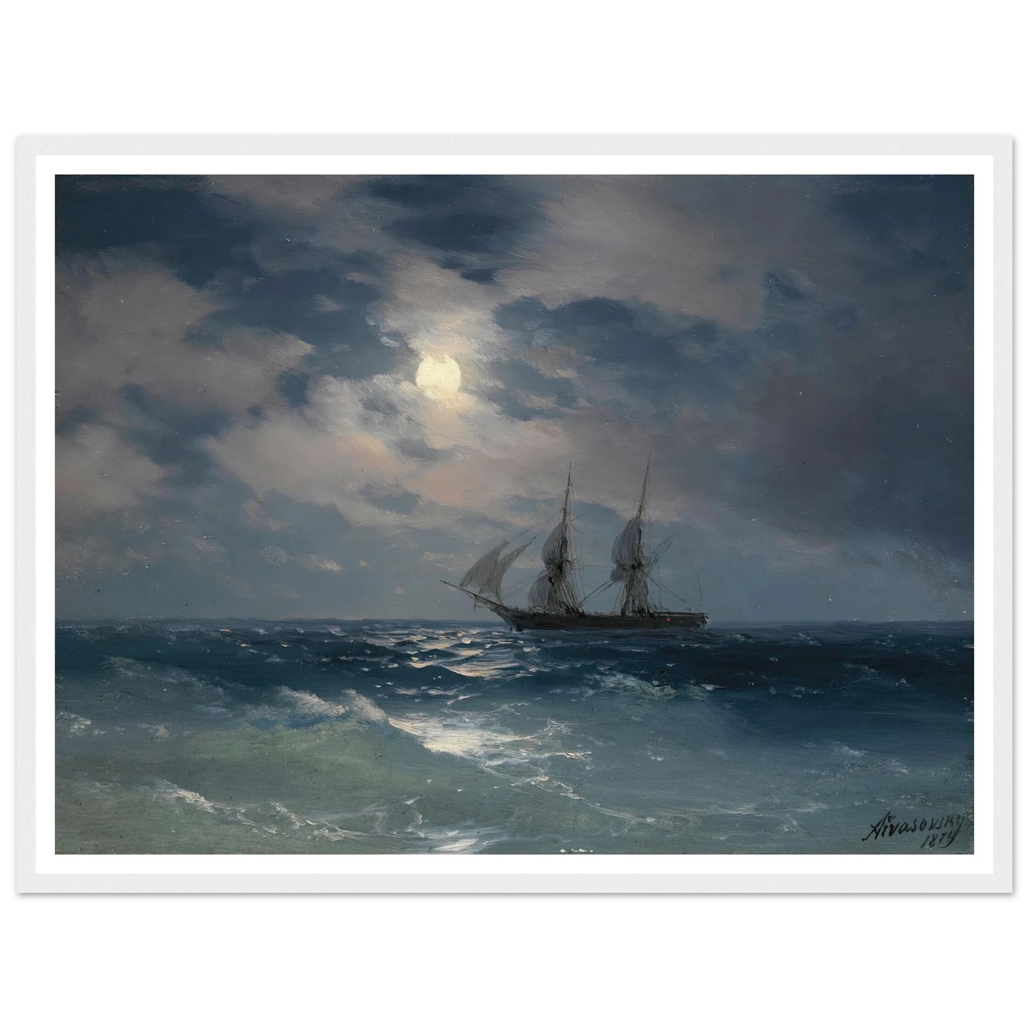 The Brig Mercury In Moonlight (1874) Art Print | Ivan Konstantinovich Aivazovsky - Framed Poster - 30x40 cm / 12x16″ - Black frame