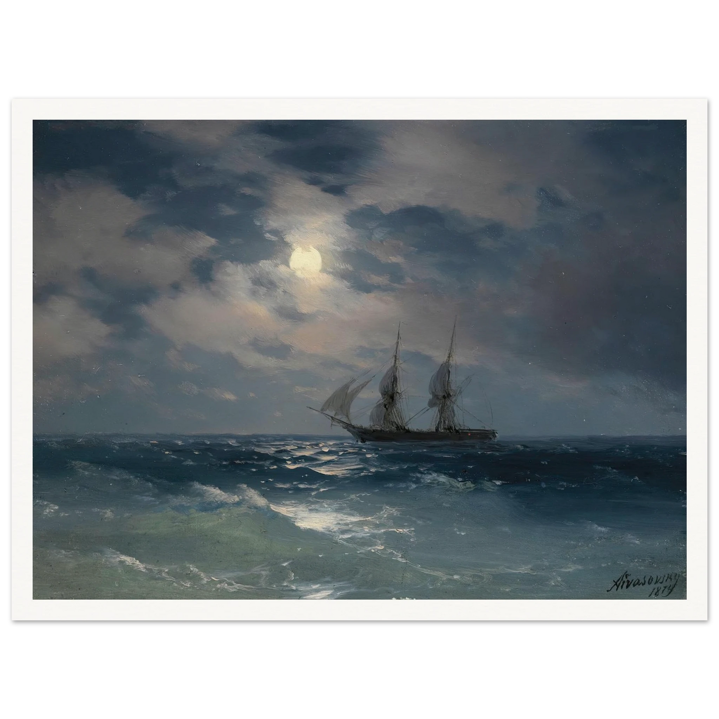 The Brig Mercury In Moonlight (1874) Art Print | Ivan Konstantinovich Aivazovsky - Framed Poster - 30x40 cm / 12x16″ - Black frame