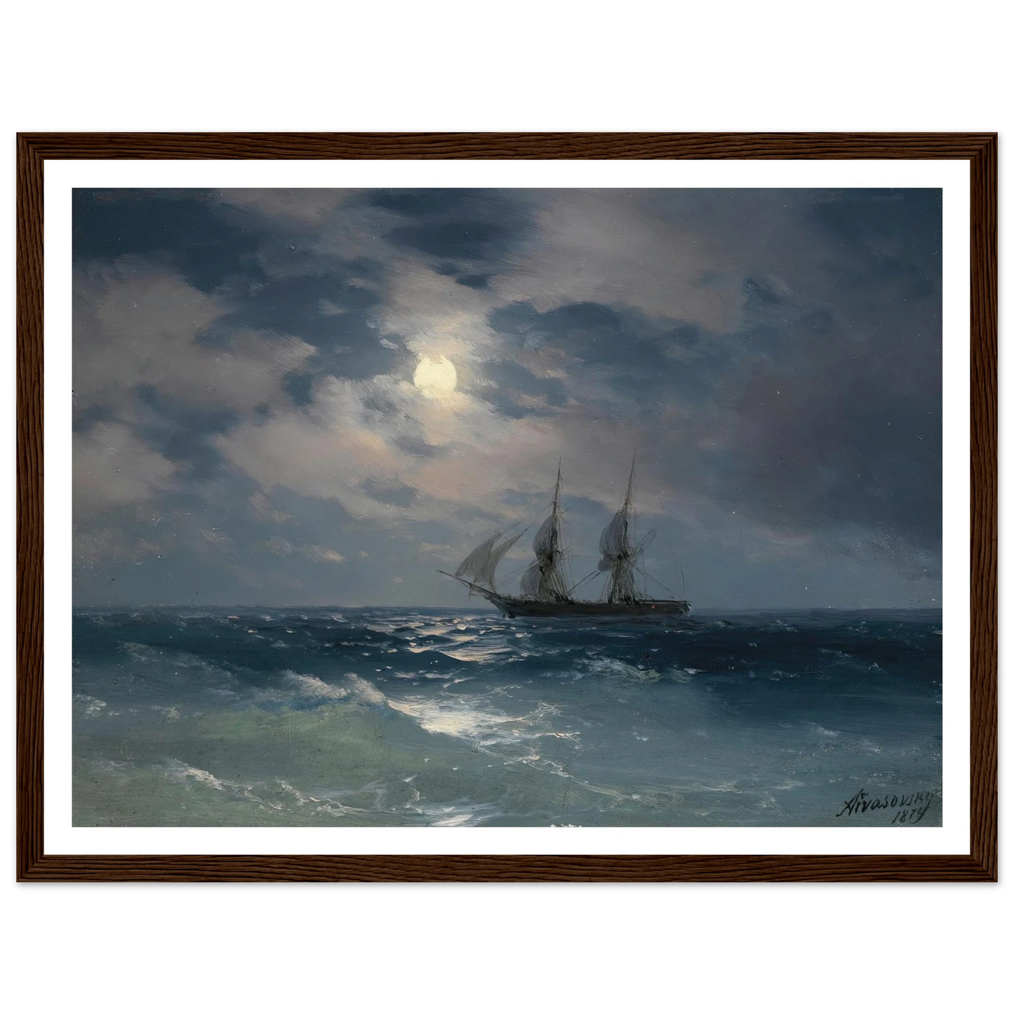 The Brig Mercury In Moonlight (1874) Art Print | Ivan Konstantinovich Aivazovsky - Framed Poster - 30x40 cm / 12x16″ - Black frame