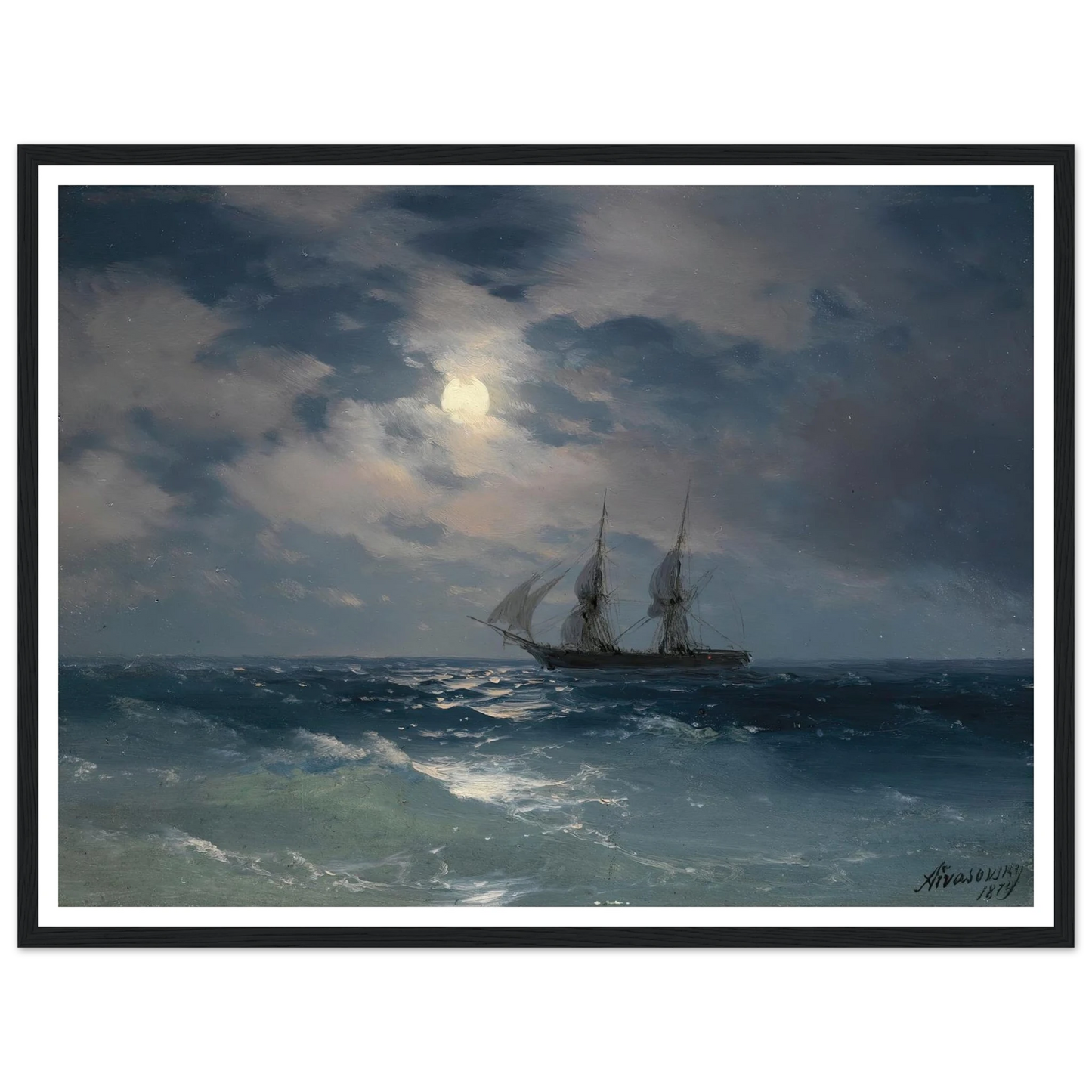 The Brig Mercury In Moonlight (1874) Art Print | Ivan Konstantinovich Aivazovsky - Framed Poster - 30x40 cm / 12x16″ - Black frame