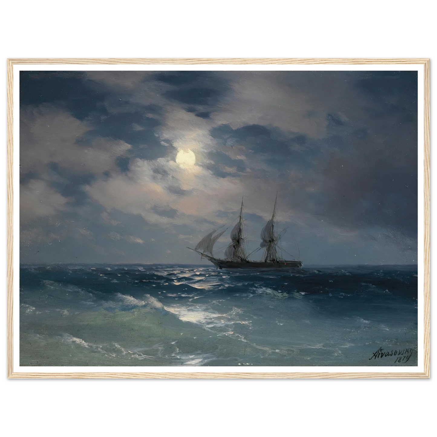 The Brig Mercury In Moonlight (1874) Art Print | Ivan Konstantinovich Aivazovsky - Framed Poster - 30x40 cm / 12x16″ - Black frame