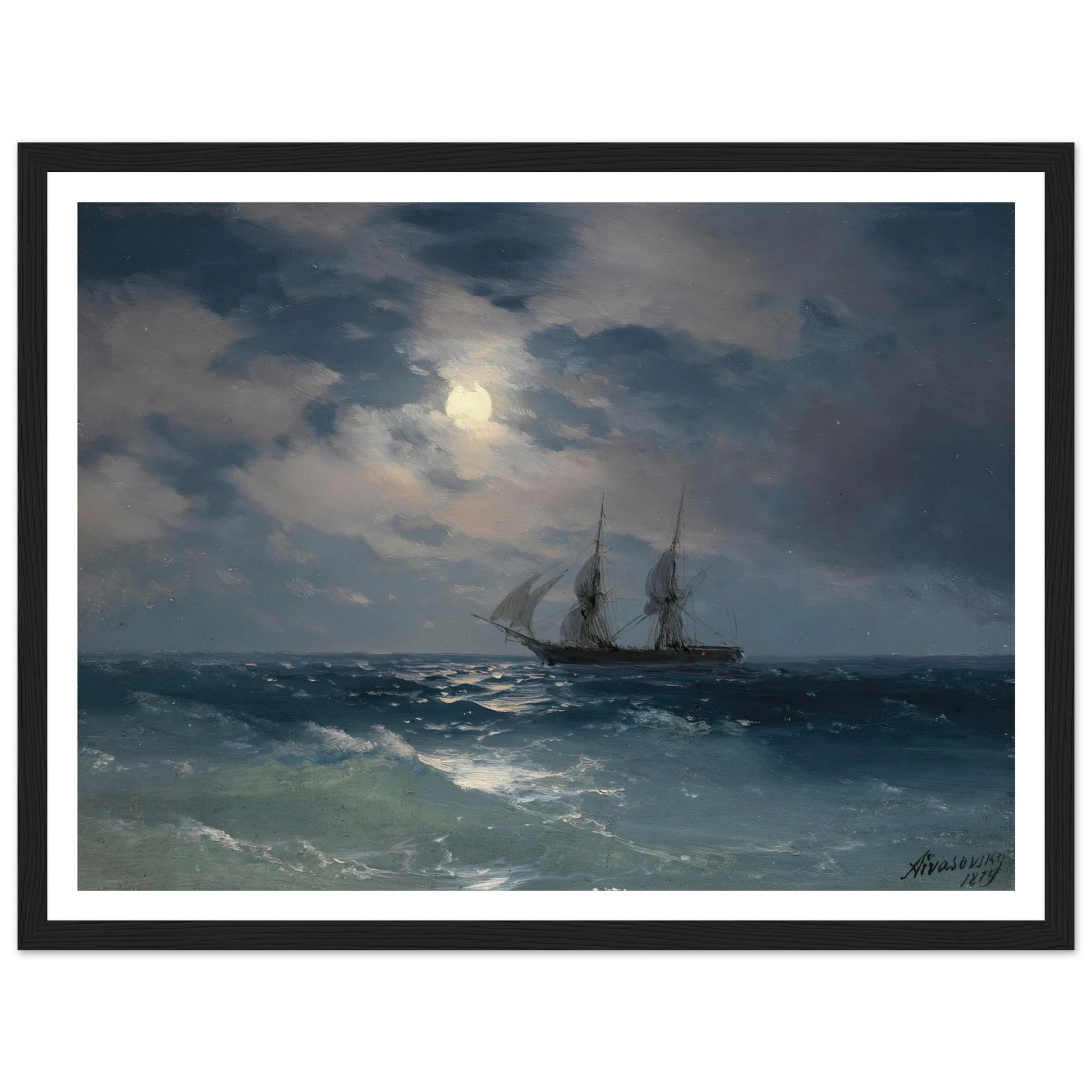 The Brig Mercury In Moonlight (1874) Art Print | Ivan Konstantinovich Aivazovsky - Framed Poster - 30x40 cm / 12x16″ - Black frame