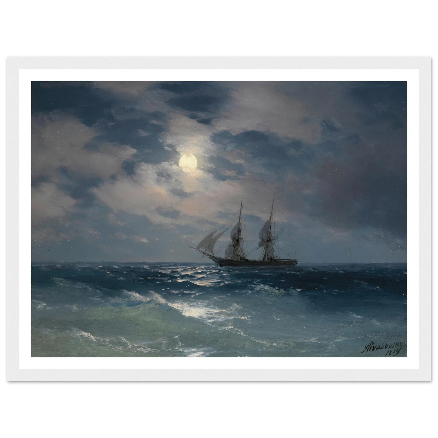 The Brig Mercury In Moonlight (1874) Art Print | Ivan Konstantinovich Aivazovsky - Framed Poster - 30x40 cm / 12x16″ - Black frame