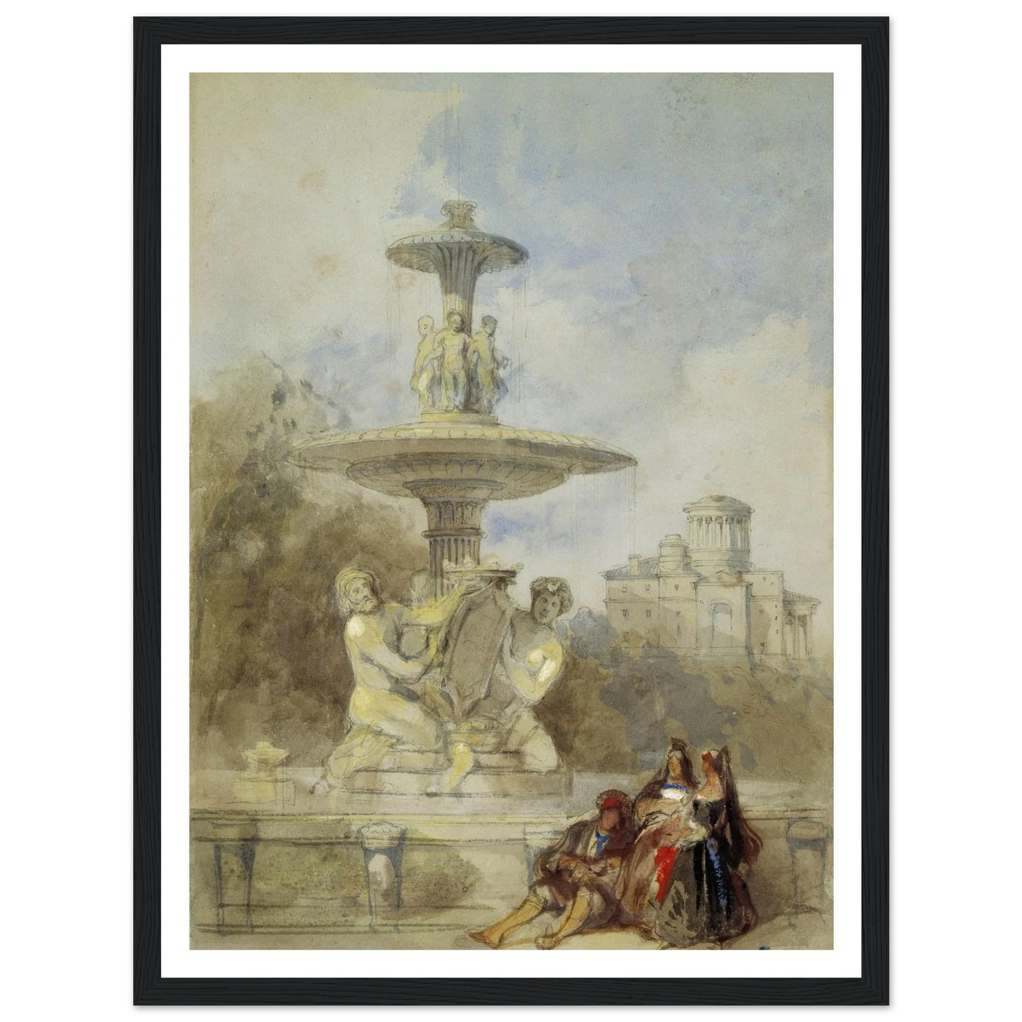 The Fountain on the Prado, Madrid (circa 1837) Art Print | David Roberts - Framed Poster - 30x40 cm / 12x16″ - Black frame