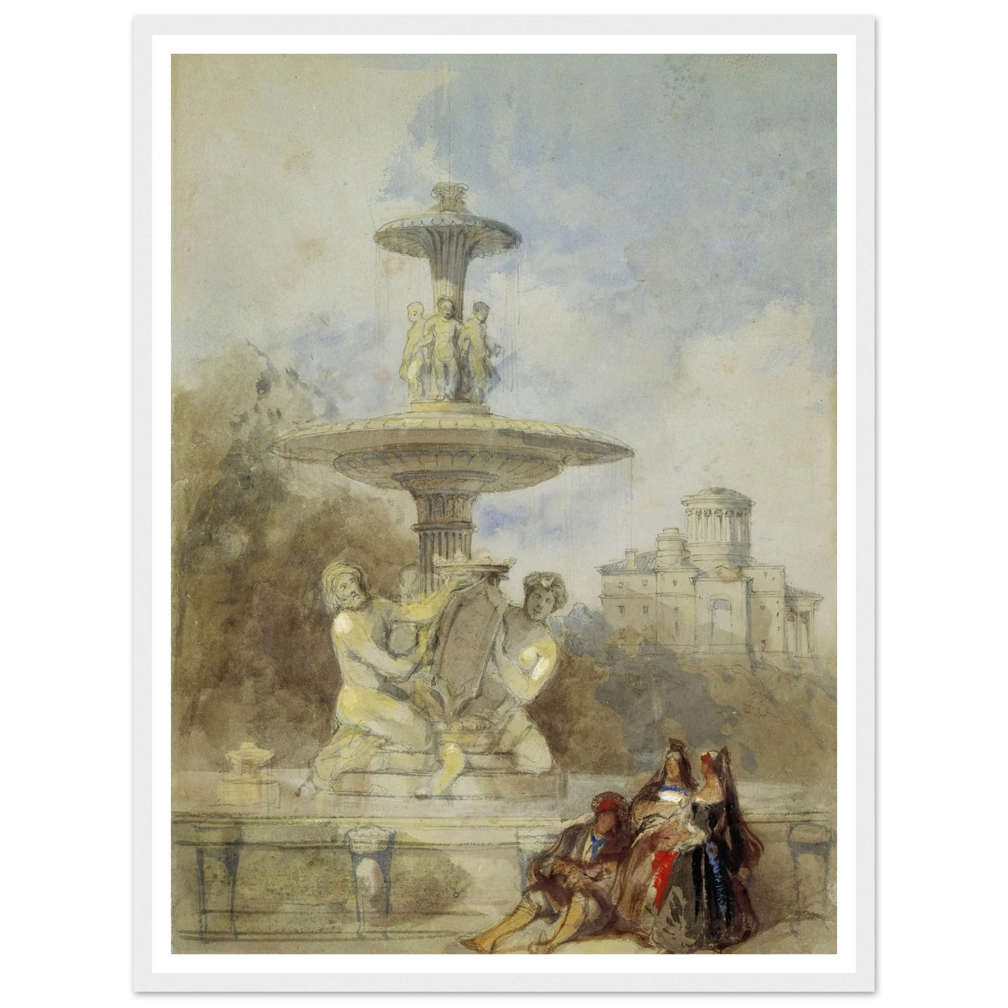 The Fountain on the Prado, Madrid (circa 1837) Art Print | David Roberts - Framed Poster - 30x40 cm / 12x16″ - Black frame