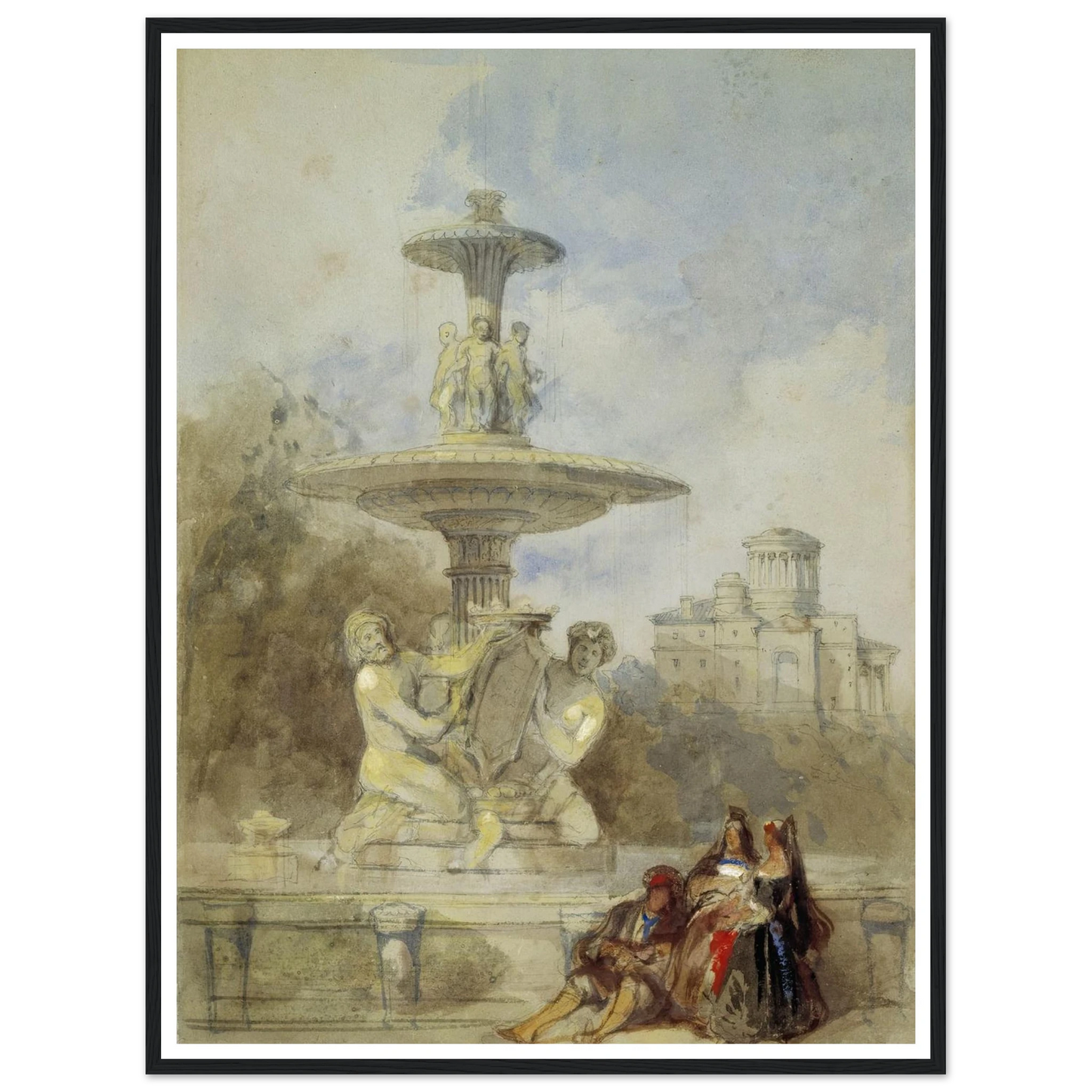 The Fountain on the Prado, Madrid (circa 1837) Art Print | David Roberts - Framed Poster - 30x40 cm / 12x16″ - Black frame