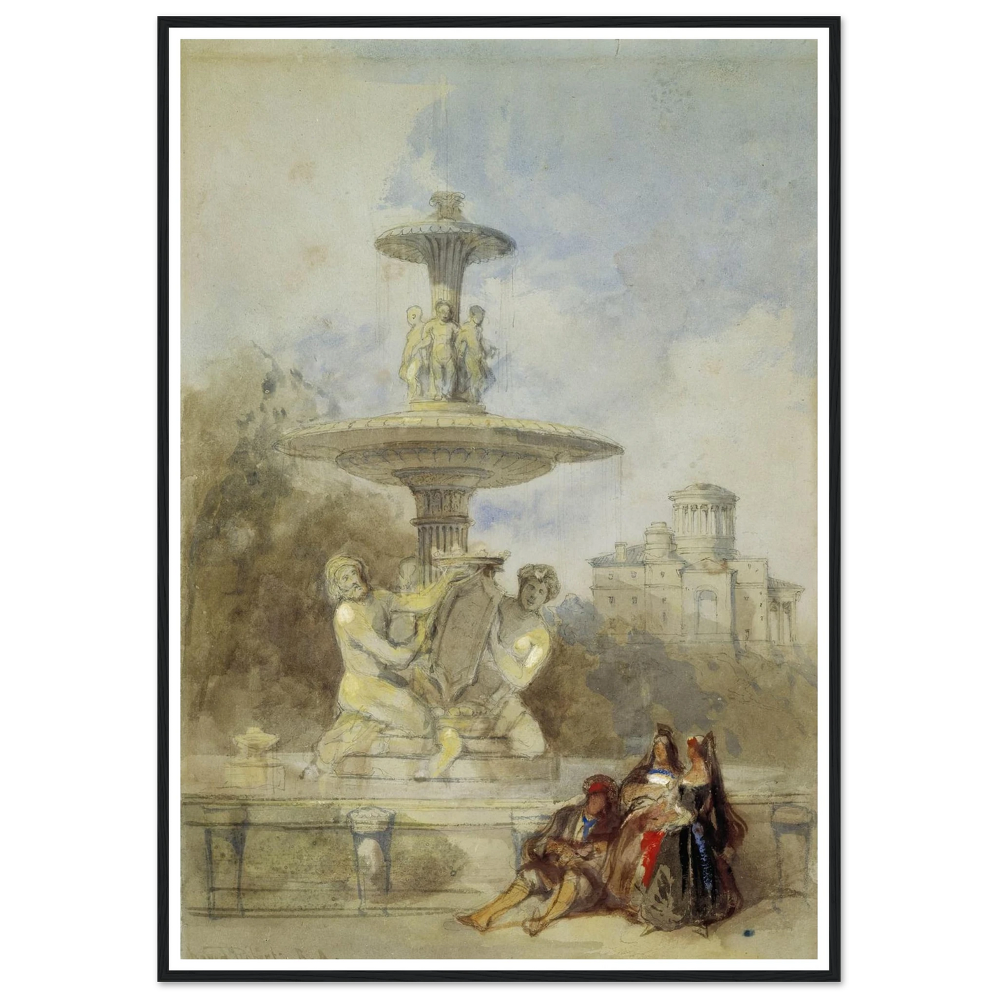 The Fountain on the Prado, Madrid (circa 1837) Art Print | David Roberts - Framed Poster - 30x40 cm / 12x16″ - Black frame